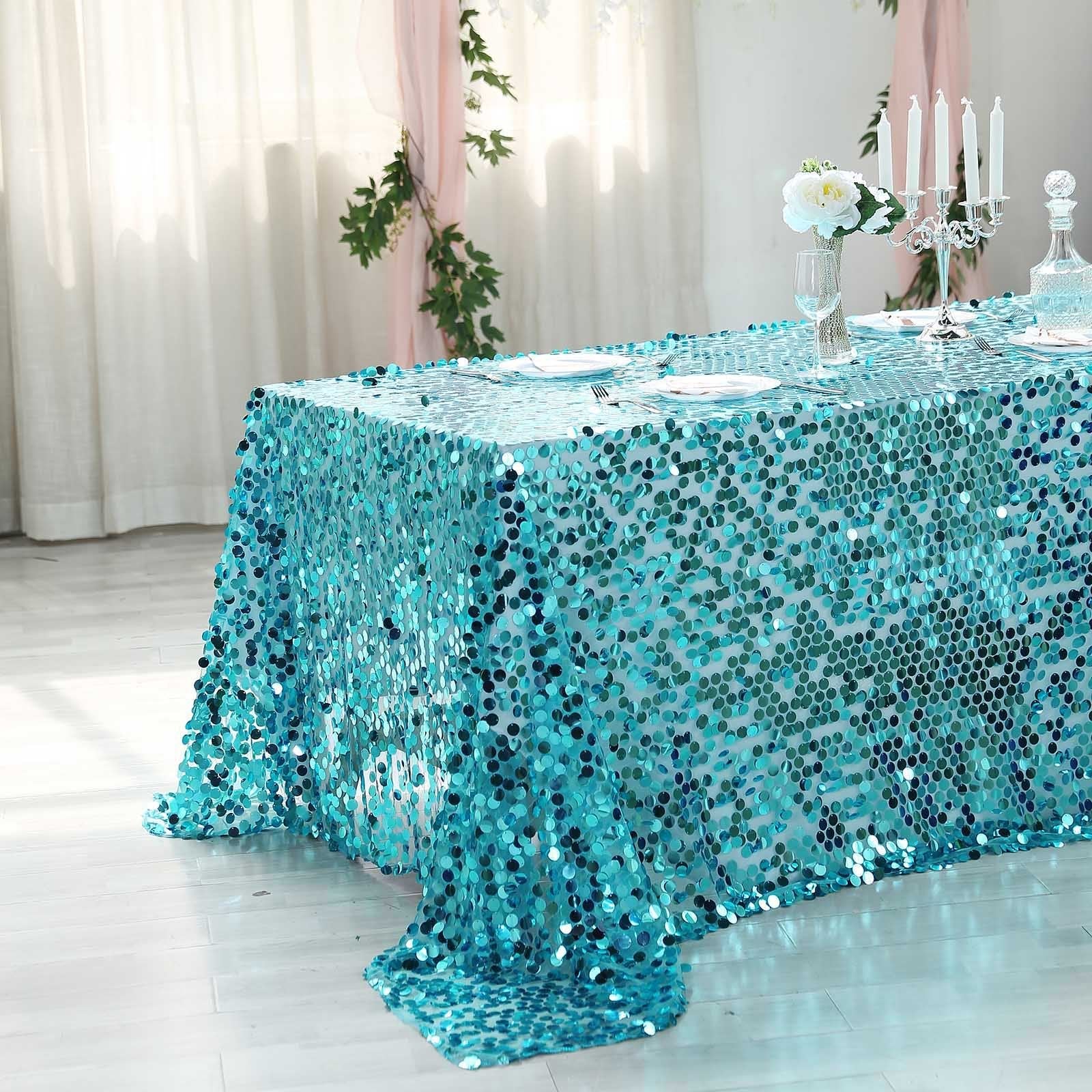 Sequin Rectangle Tablecloth 90"x156" Turquoise - Big Payette Seamless Table Cover - Image 2