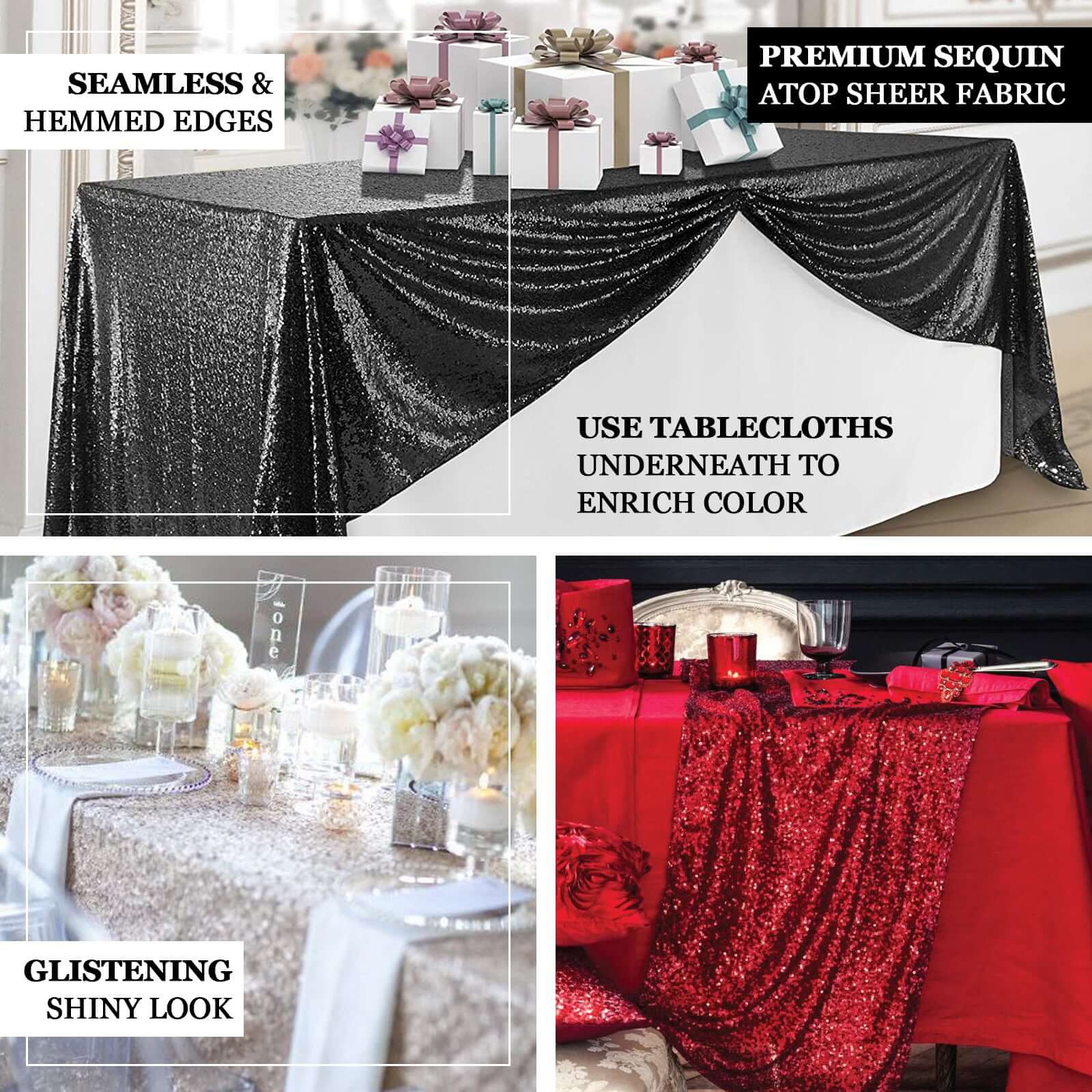 Sequin Rectangle Tablecloth 90"x156" White with Seamless Shimmering Finish - Refined Decor for Weddings - Image 3