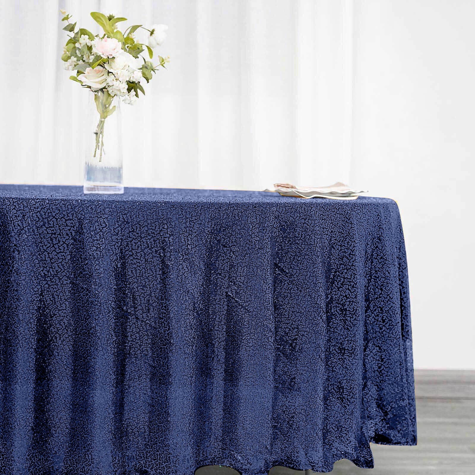 Sequin Round Tablecloth 108" Navy Blue with Glittering Finish Table Cover - Image 6