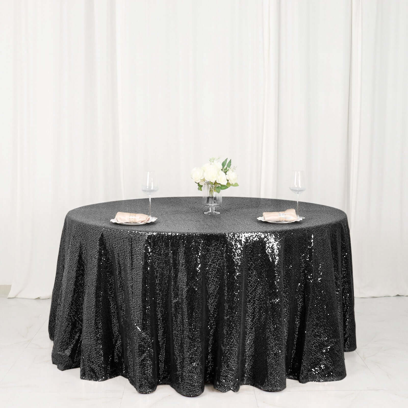 Sequin Round Tablecloth 120" Black - Seamless Table Cover - Image 5