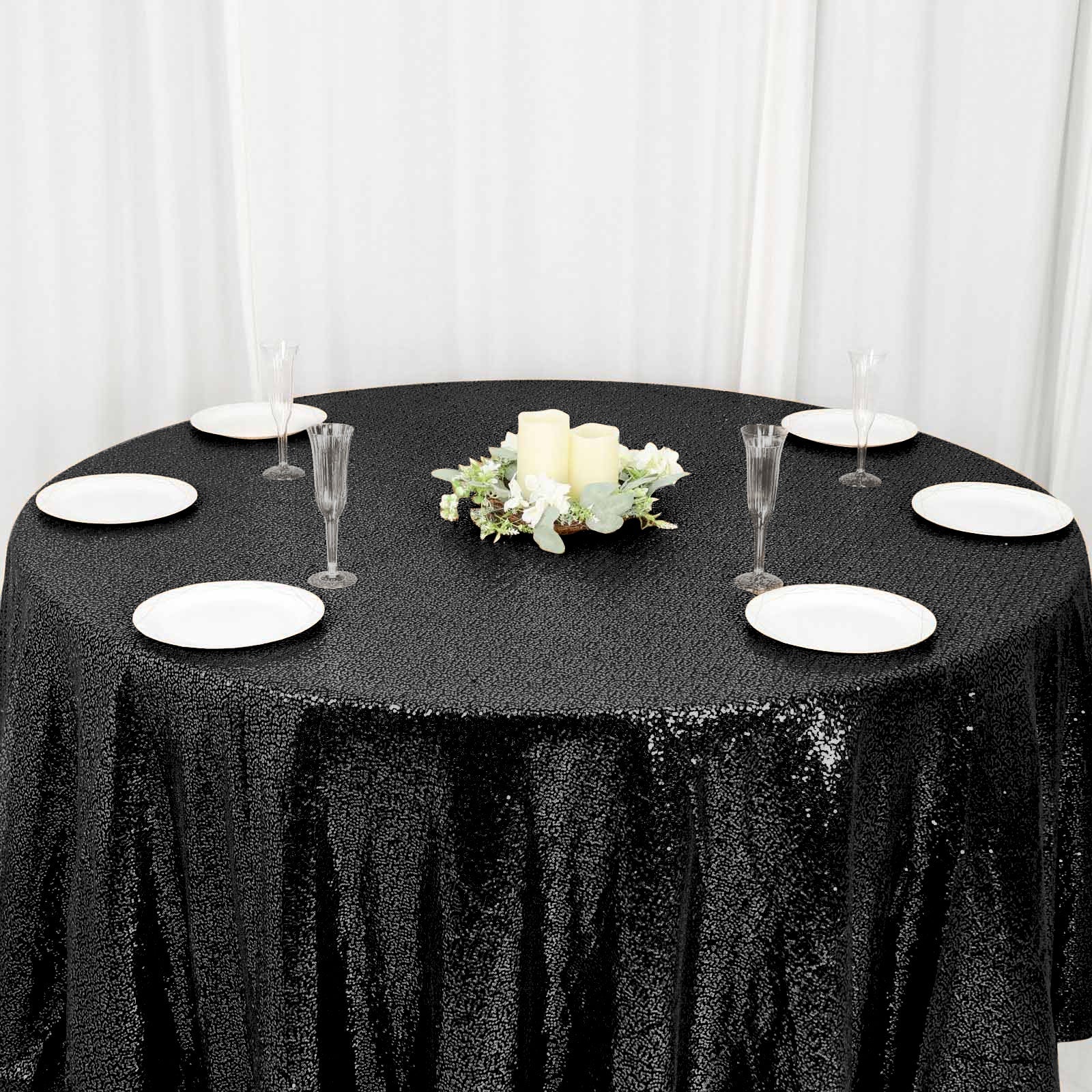 Sequin Round Tablecloth 120" Black - Seamless Table Cover - Image 7