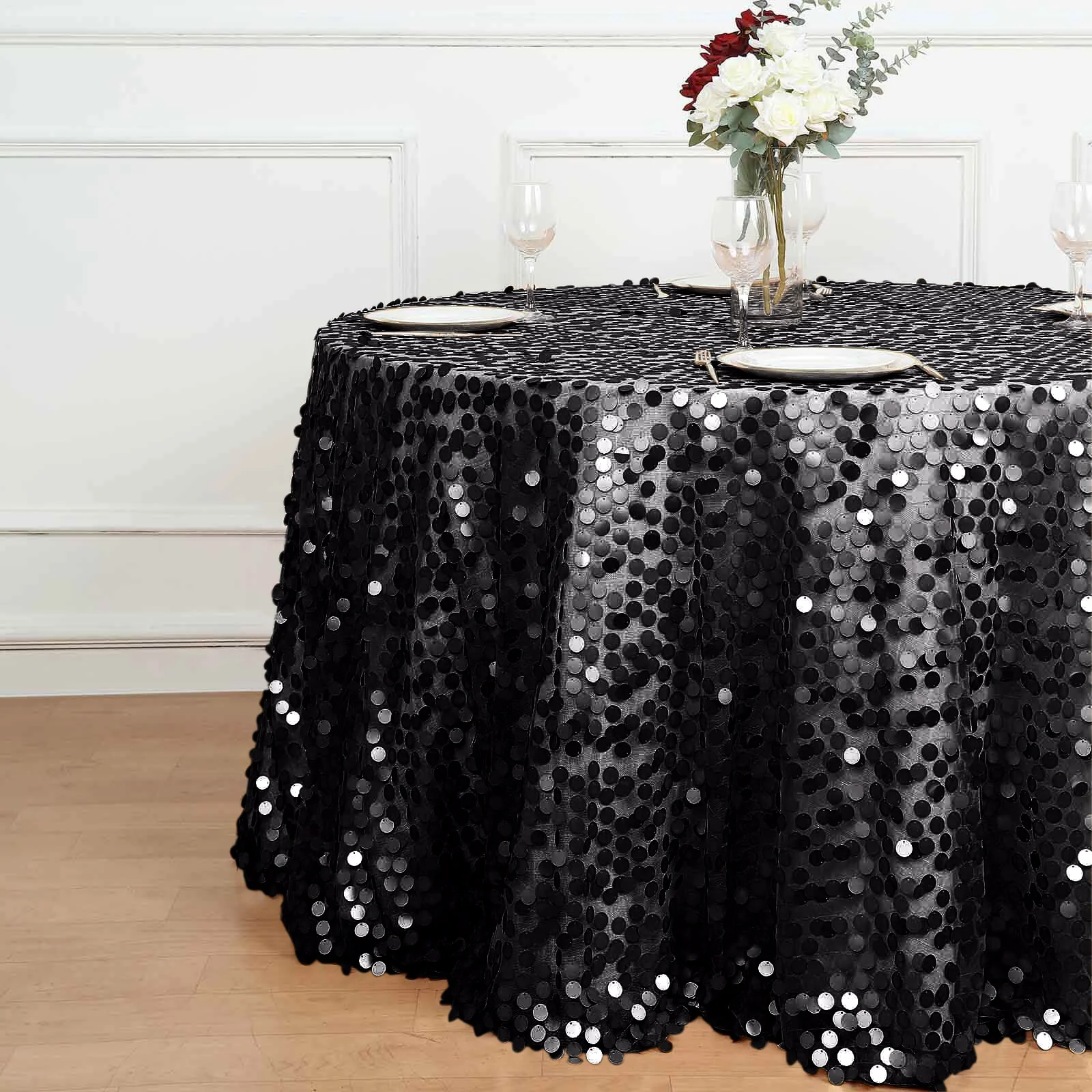Sequin Round Tablecloth 120" Black with Big Payette Design - Seamless Sparkly Decor for Premium Events - Image 2