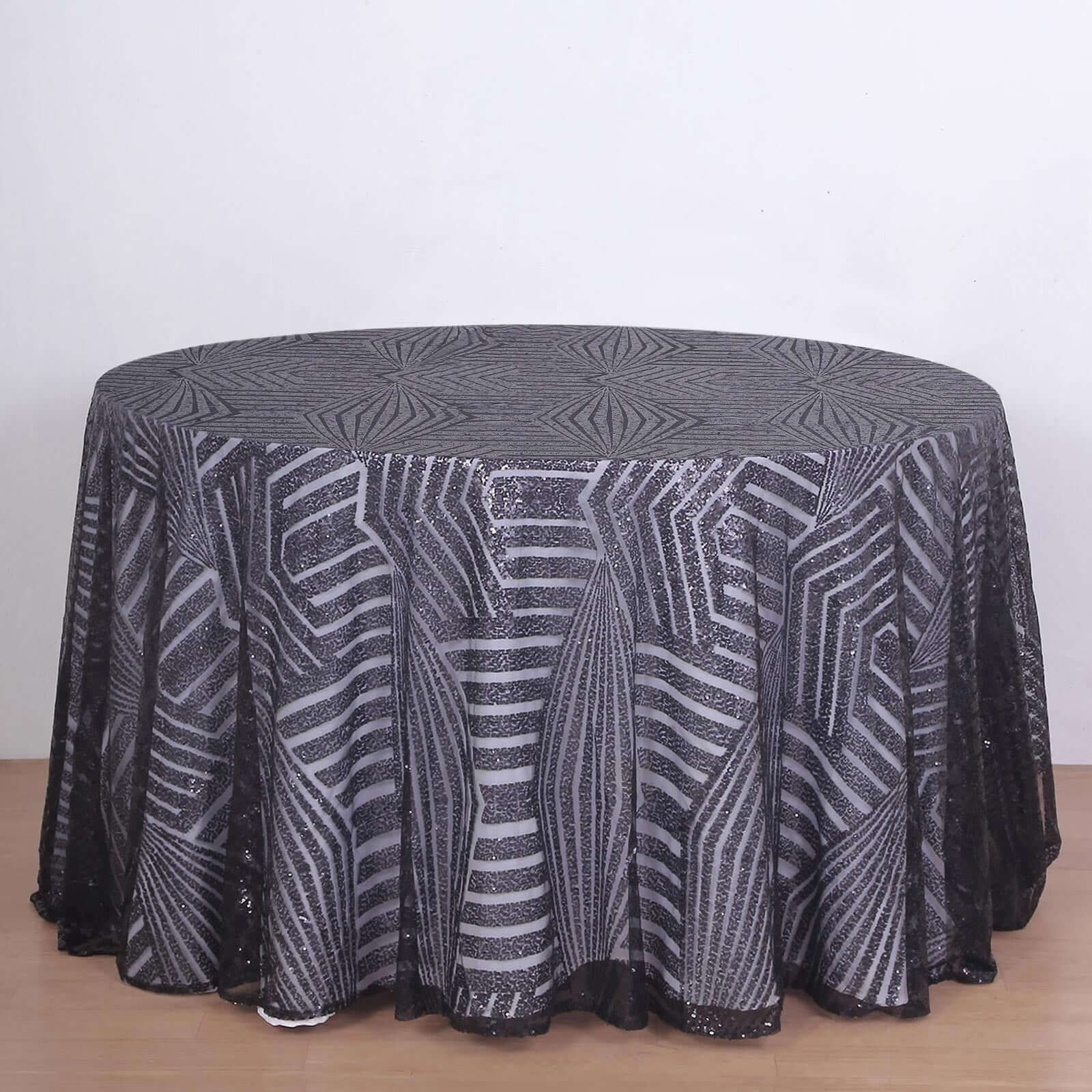 Sequin Round Tablecloth 120" Black with Diamond Glitz Design - Seamless Table Cover