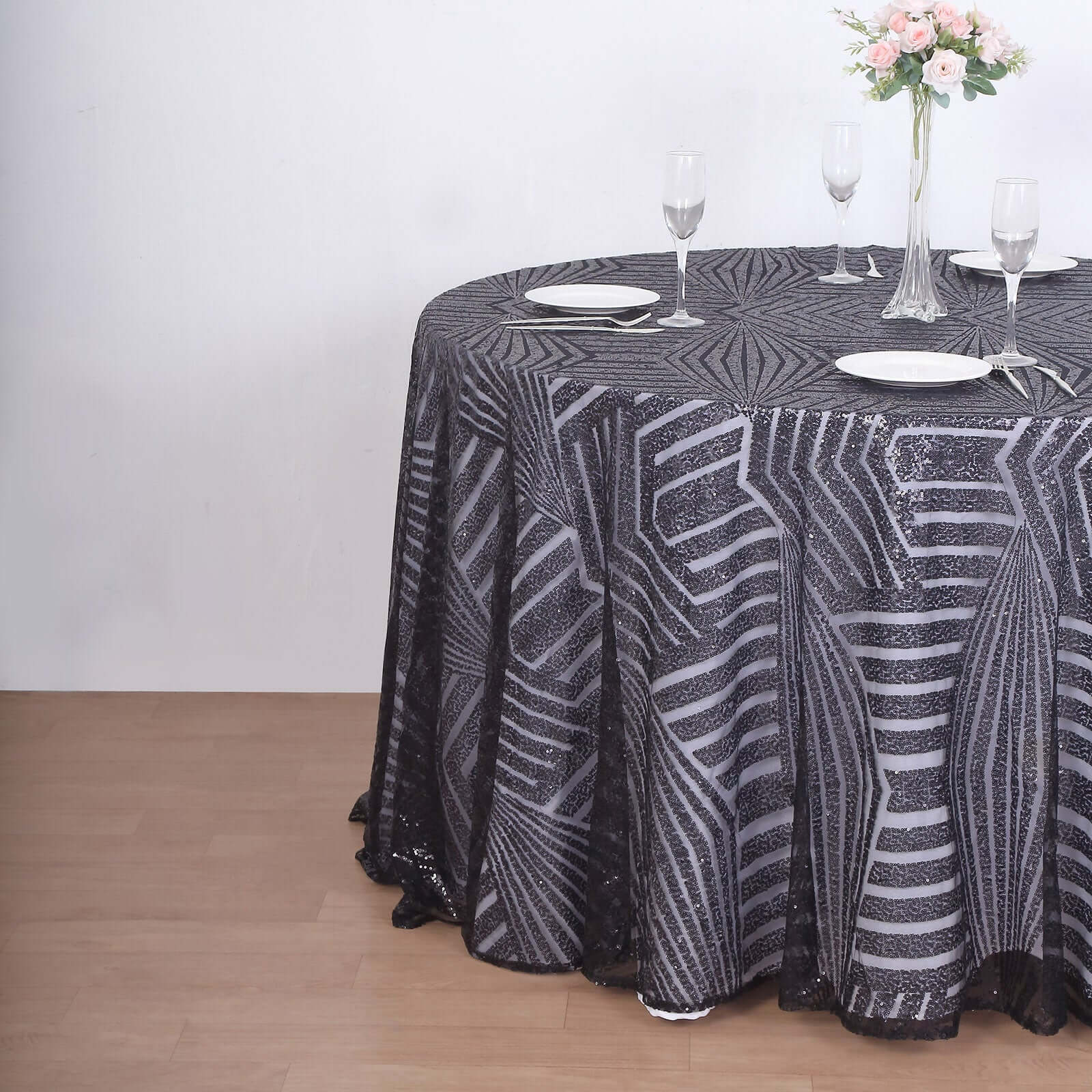 Sequin Round Tablecloth 120" Black with Diamond Glitz Design - Seamless Table Cover - Image 2