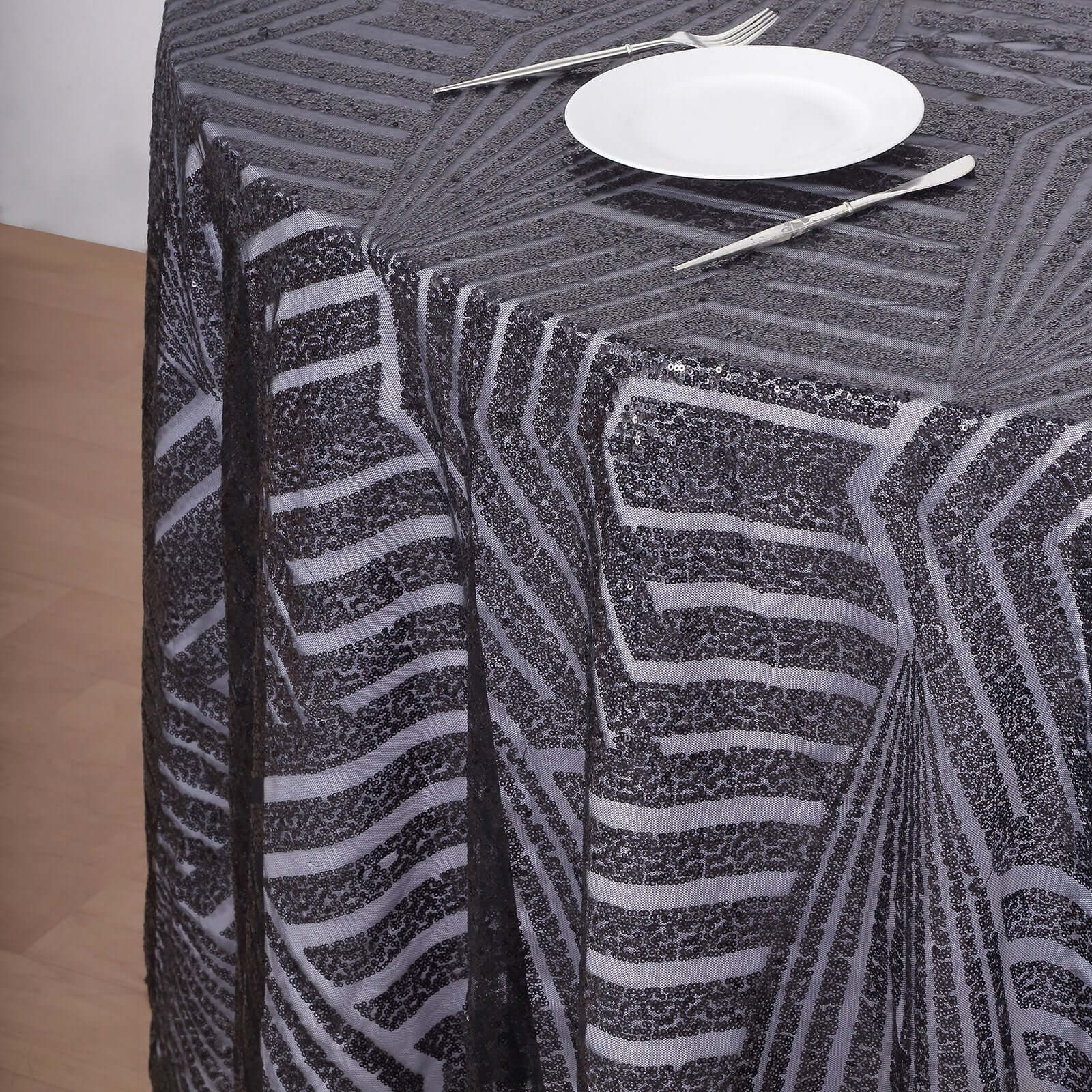 Sequin Round Tablecloth 120" Black with Diamond Glitz Design - Seamless Table Cover - Image 6