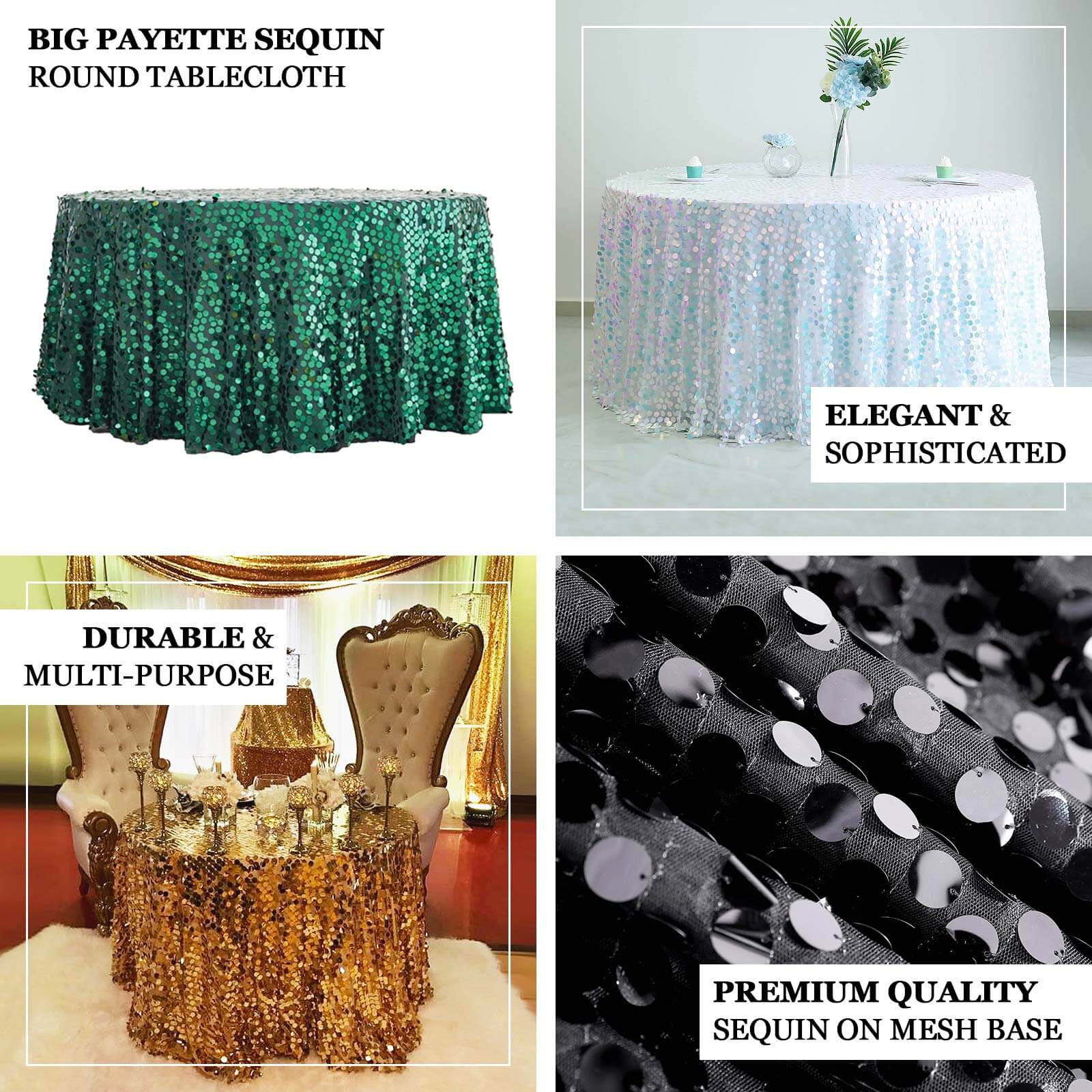 Sequin Round Tablecloth 120" Champagne - Big Payette Seamless Table Cover - Image 3