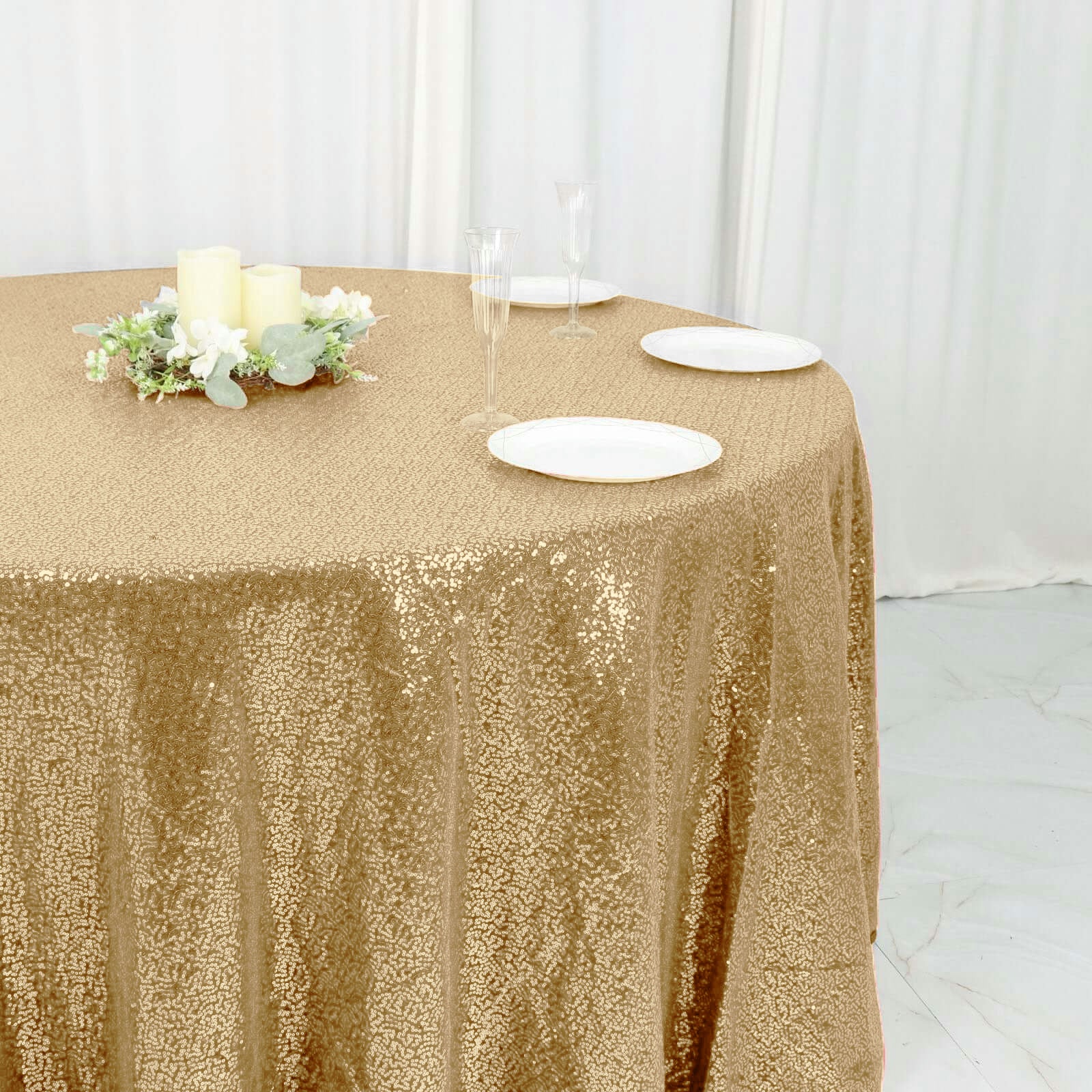Sequin Round Tablecloth 120" Champagne - Seamless Table Cover - Image 3