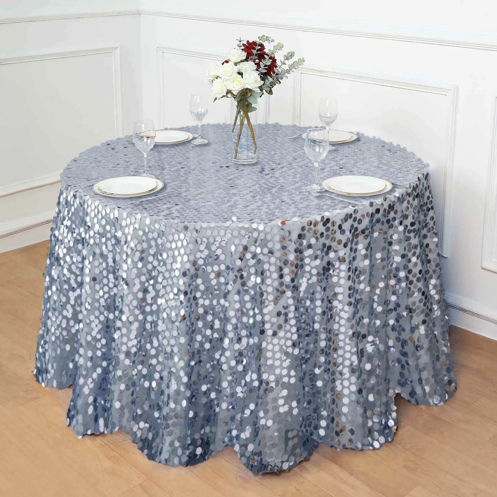 Sequin Round Tablecloth 120" Dusty Blue - Big Payette Seamless Table Cover - Image 2