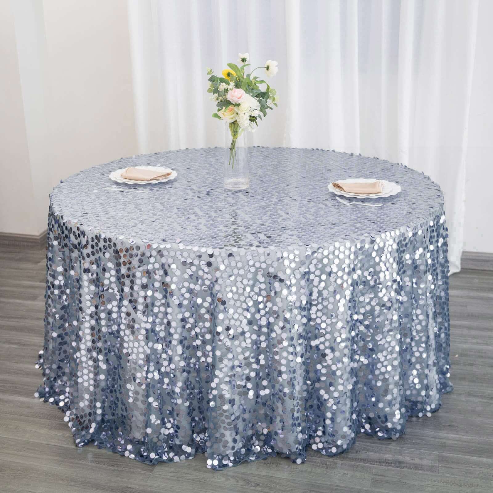 Sequin Round Tablecloth 120" Dusty Blue - Big Payette Seamless Table Cover - Image 5