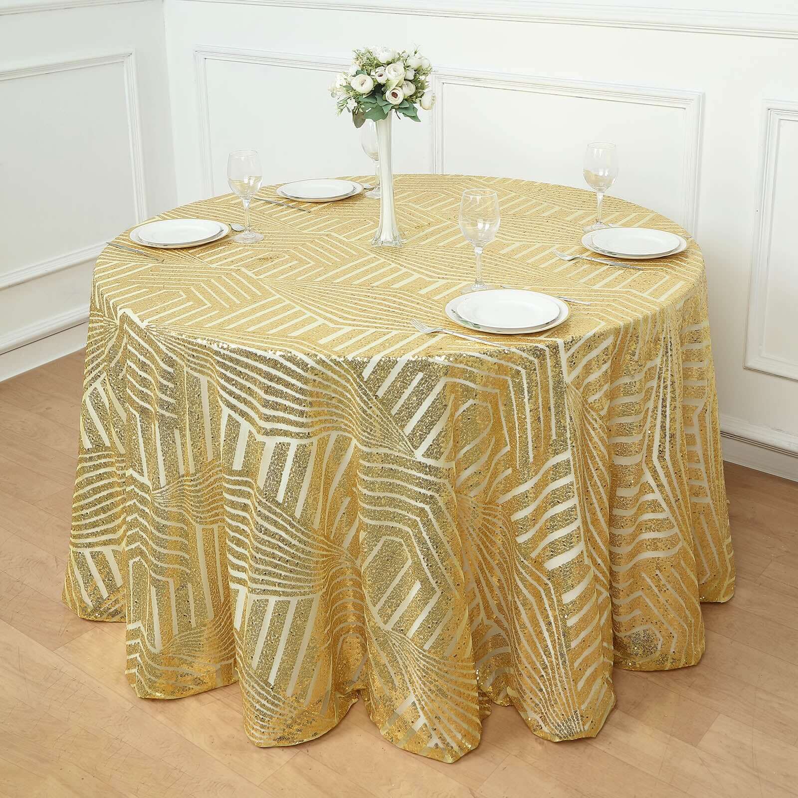 Sequin Round Tablecloth 120" Gold with Diamond Glitz Design - Seamless Chic Decor for Stylish Events - Image 3