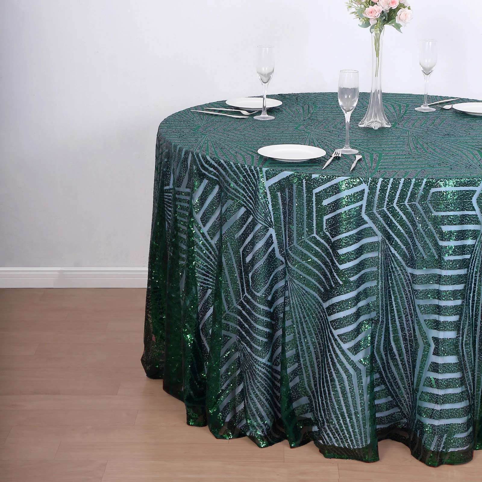 Sequin Round Tablecloth 120" Hunter Emerald Green with Diamond Glitz Design - Seamless Table Topper - Image 2