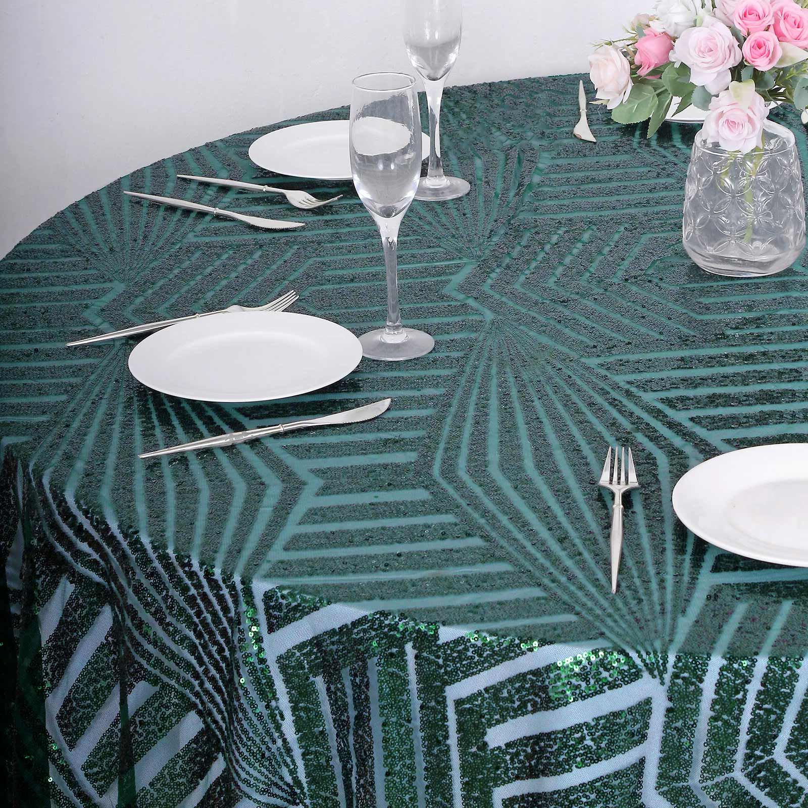 Sequin Round Tablecloth 120" Hunter Emerald Green with Diamond Glitz Design - Seamless Table Topper - Image 5