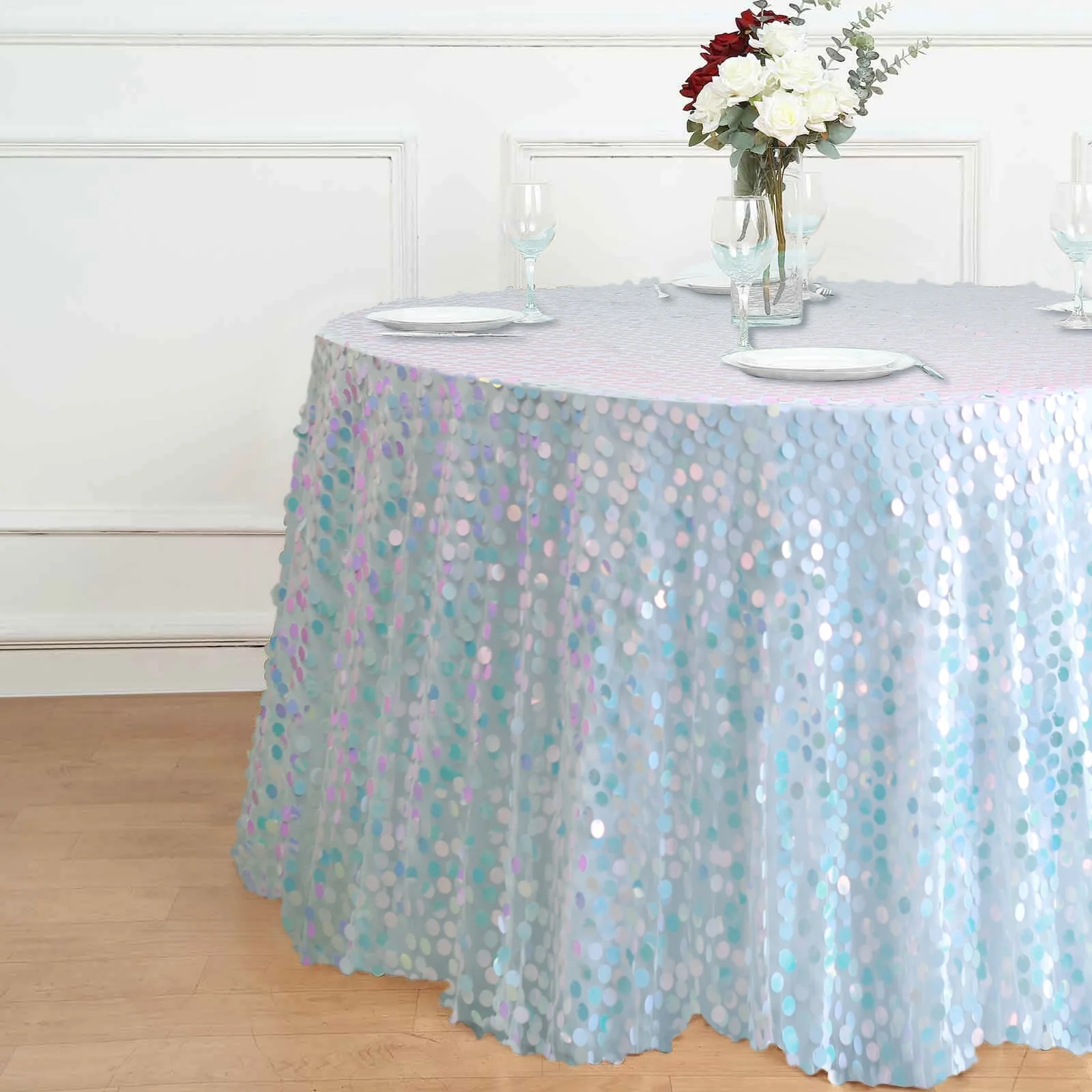Sequin Round Tablecloth 120" Iridescent Blue - Big Payette Seamless Table Cover - Image 6