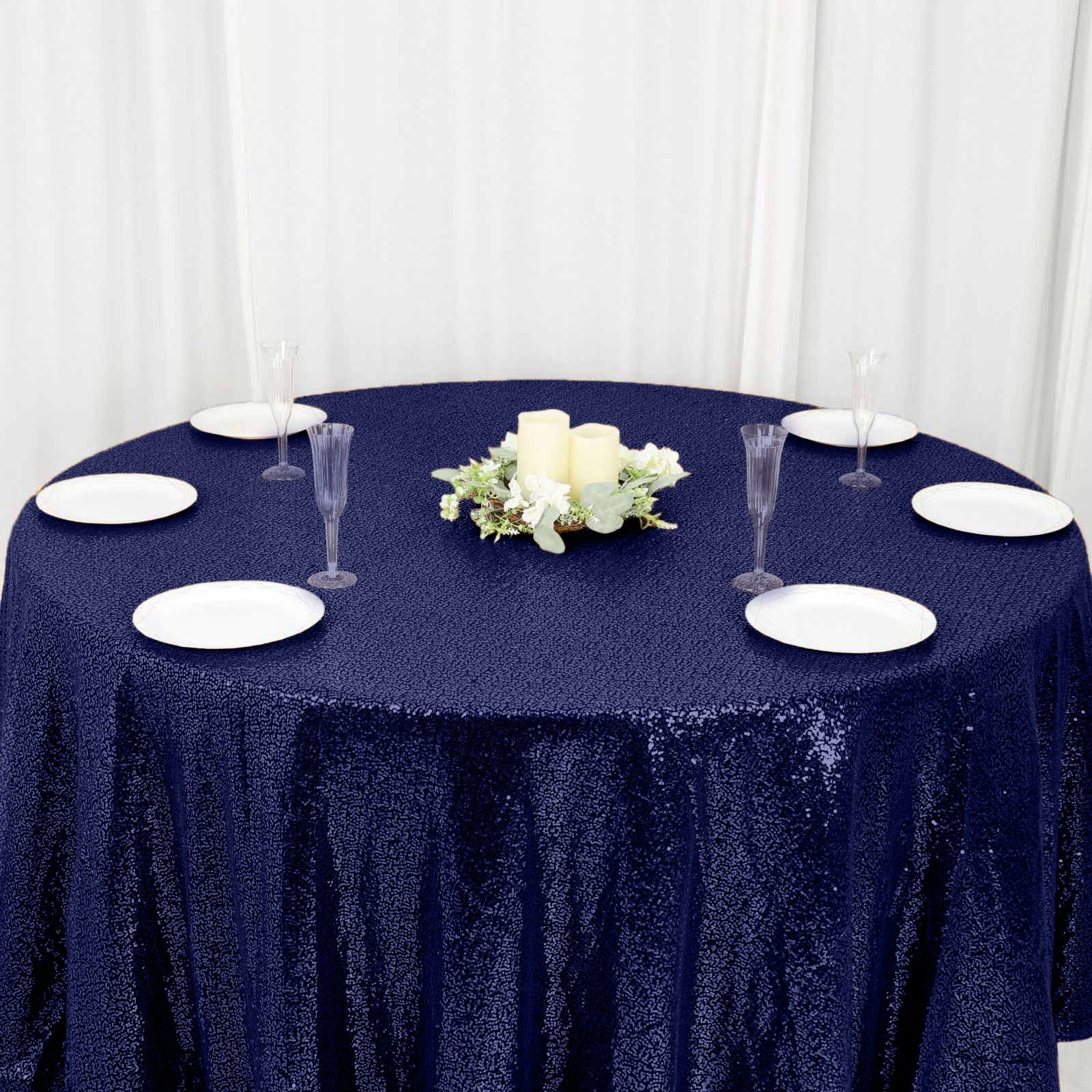 Sequin Round Tablecloth 120" Navy Blue - Seamless Table Cover - Image 7
