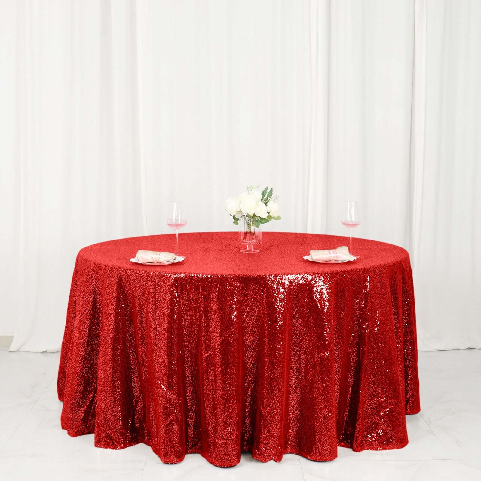 Sequin Round Tablecloth 120" Red - Seamless Table Cover - Image 5