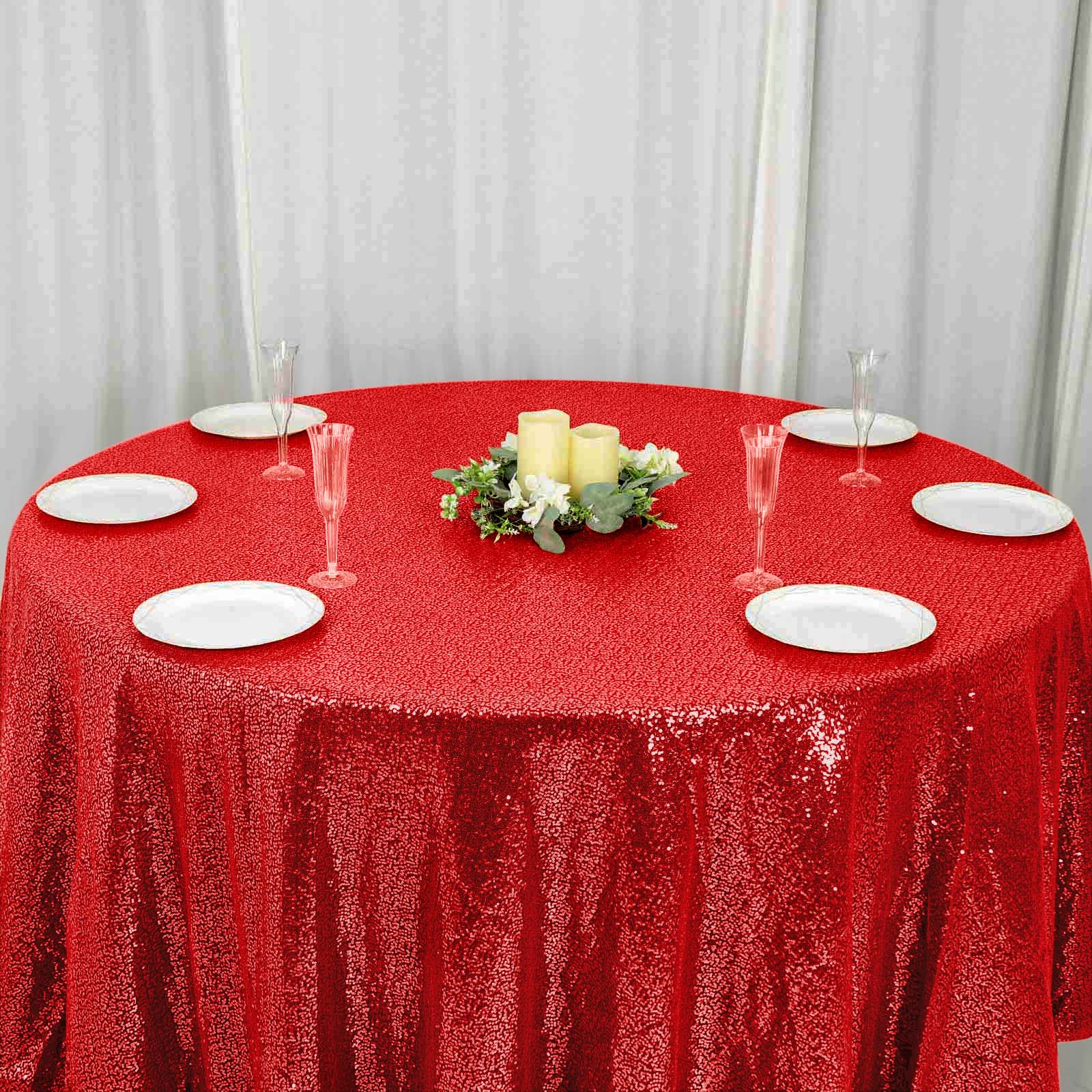 Sequin Round Tablecloth 120" Red - Seamless Table Cover - Image 7