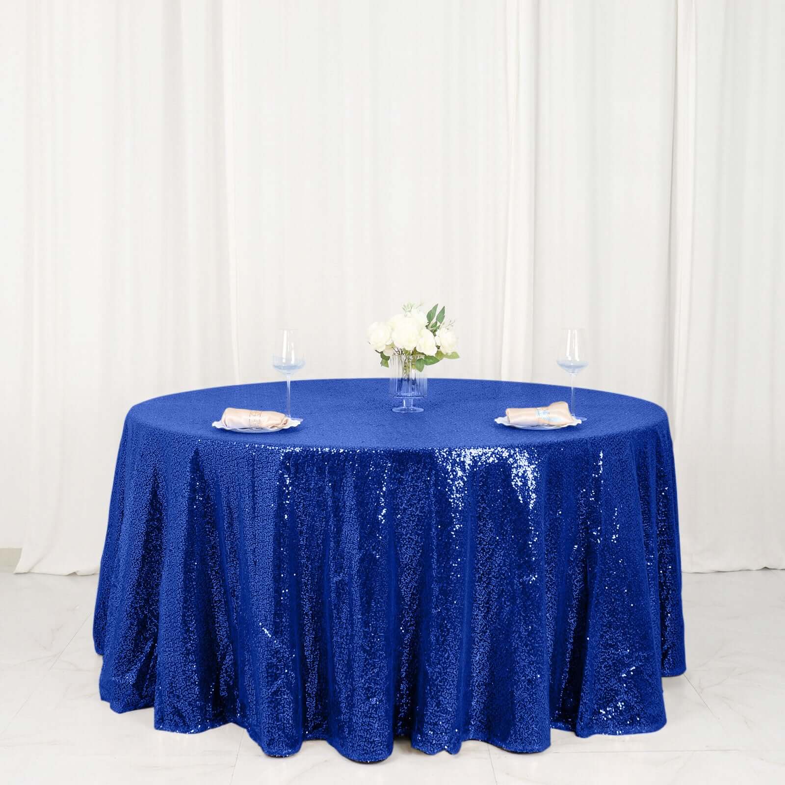 Sequin Round Tablecloth 120" Royal Blue - Seamless Table Cover - Image 5