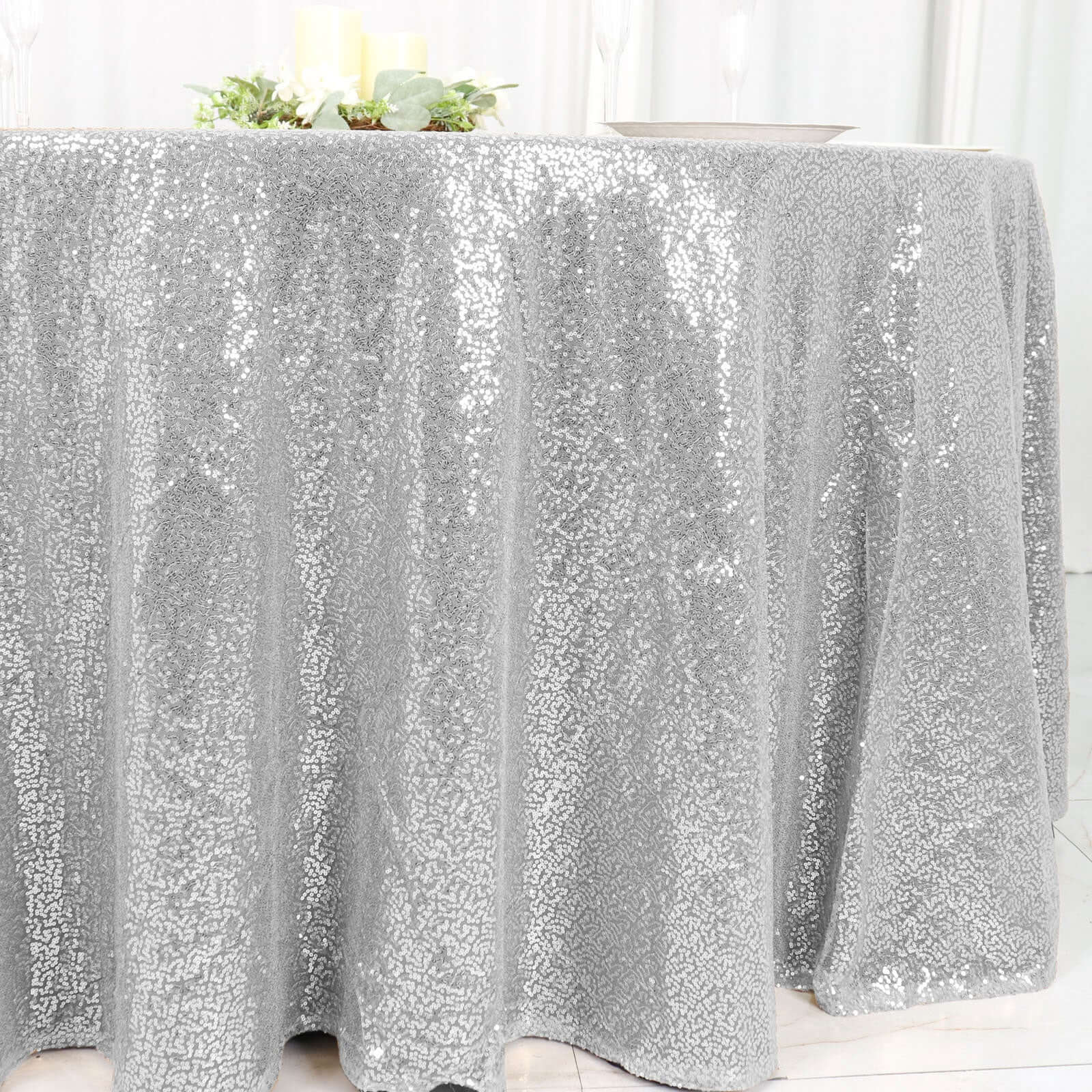 Sequin Round Tablecloth 120" Silver - Seamless Table Cover - Image 2