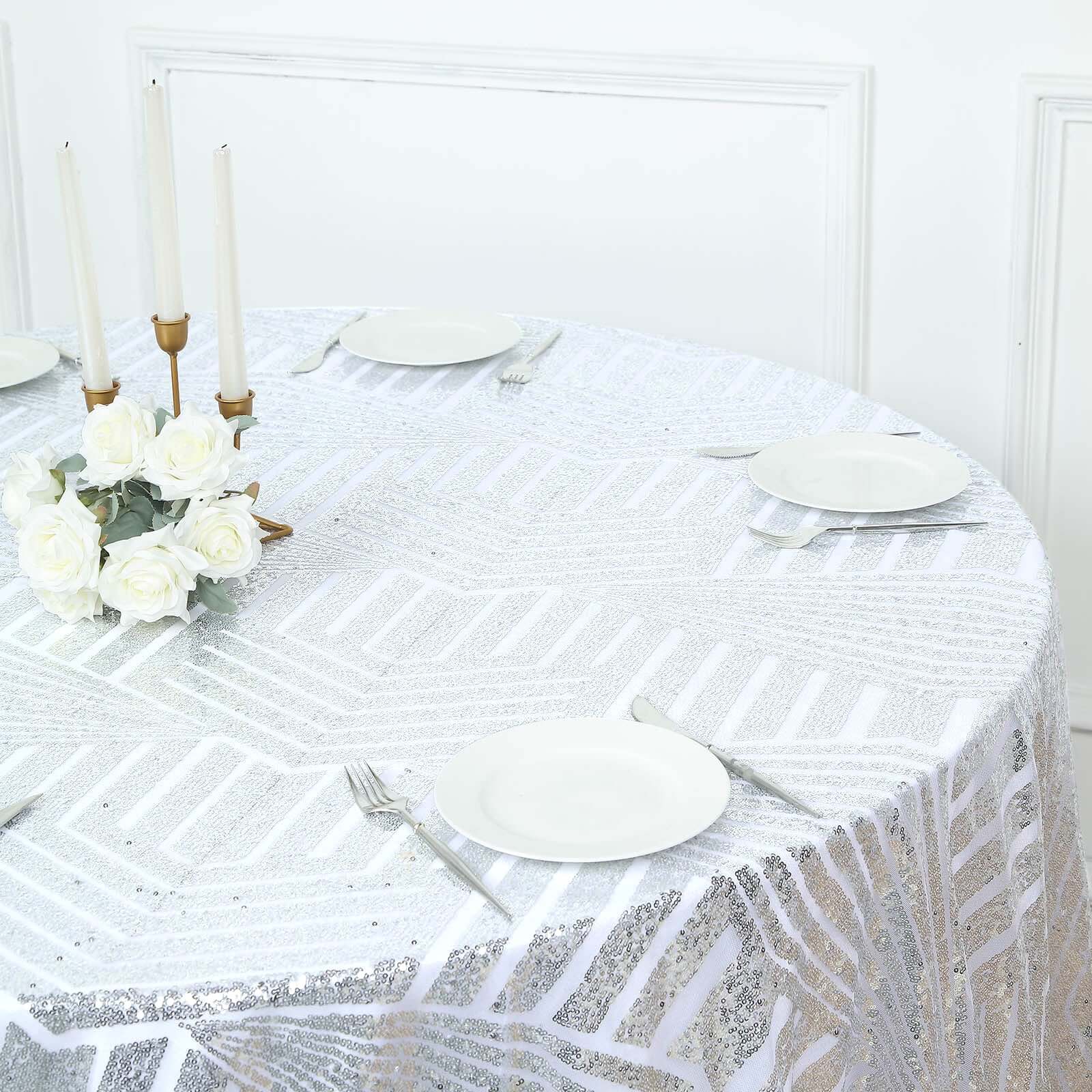 Sequin Round Tablecloth 120" Silver with Diamond Glitz Design - Seamless Table Cover - Image 6