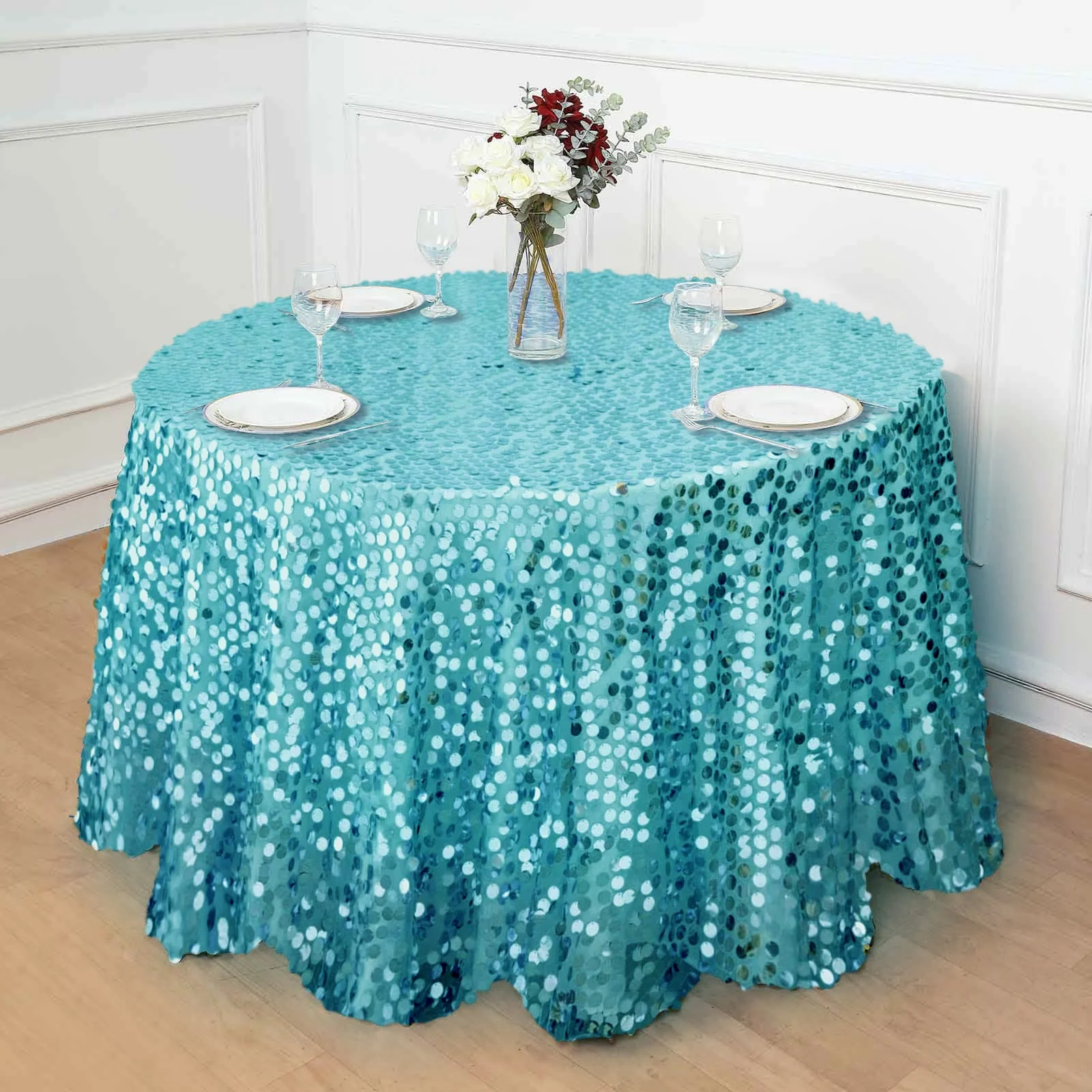Sequin Round Tablecloth 120" Turquoise - Big Payette Seamless Table Cover - Image 2
