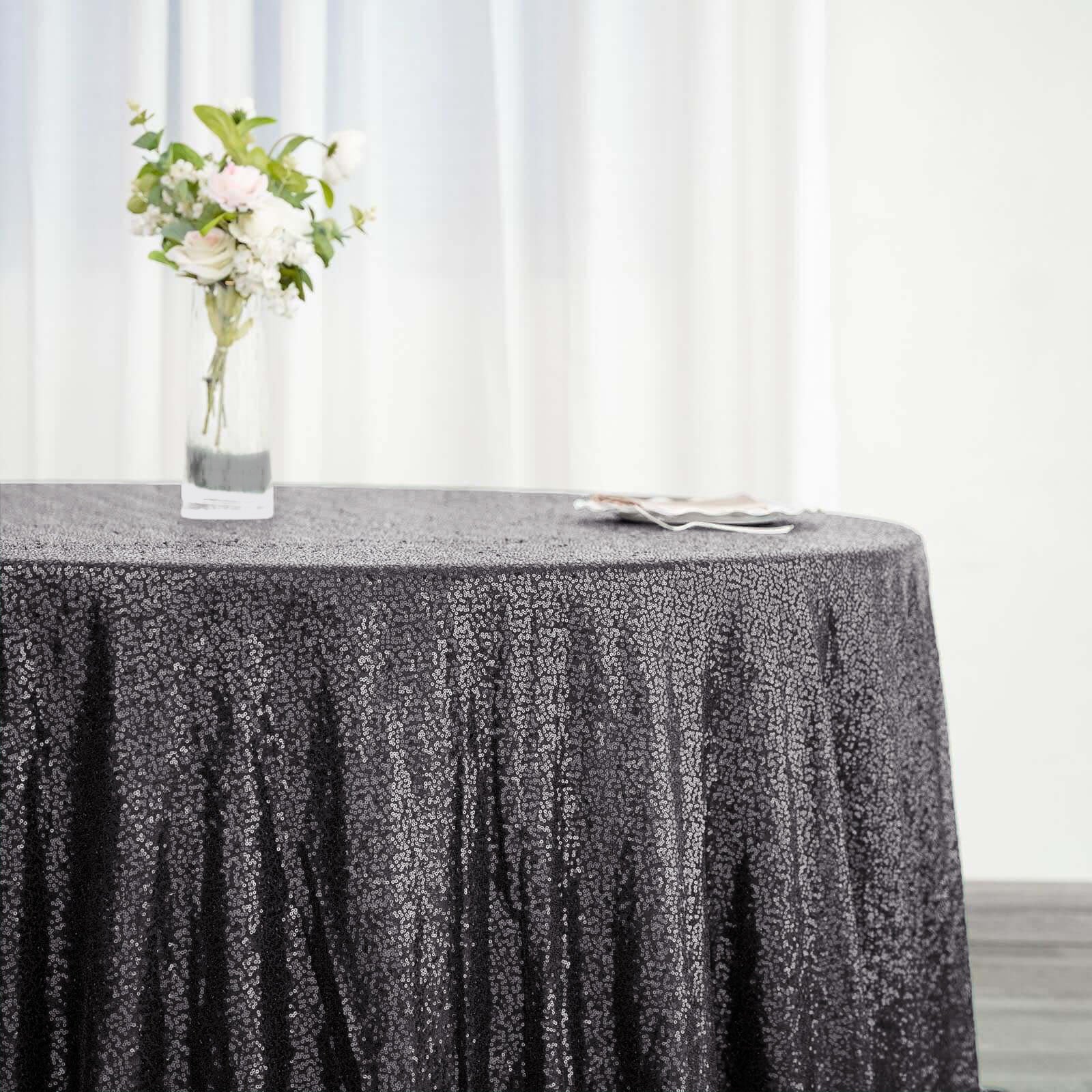 Sequin Round Tablecloth 132" Black with Seamless Twinkling Finish Table Cover - Image 5