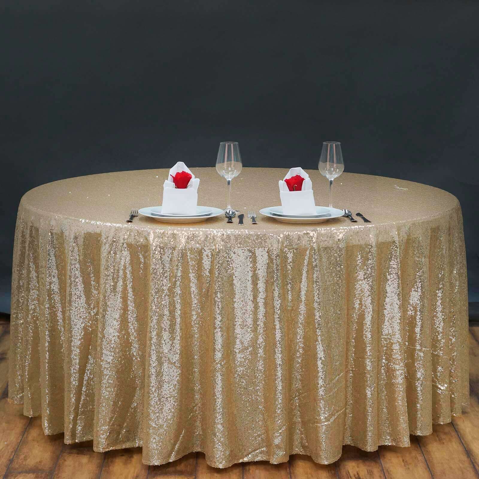 Sequin Round Tablecloth 132" Champagne with Seamless Twinkling Finish Table Cover - Image 3