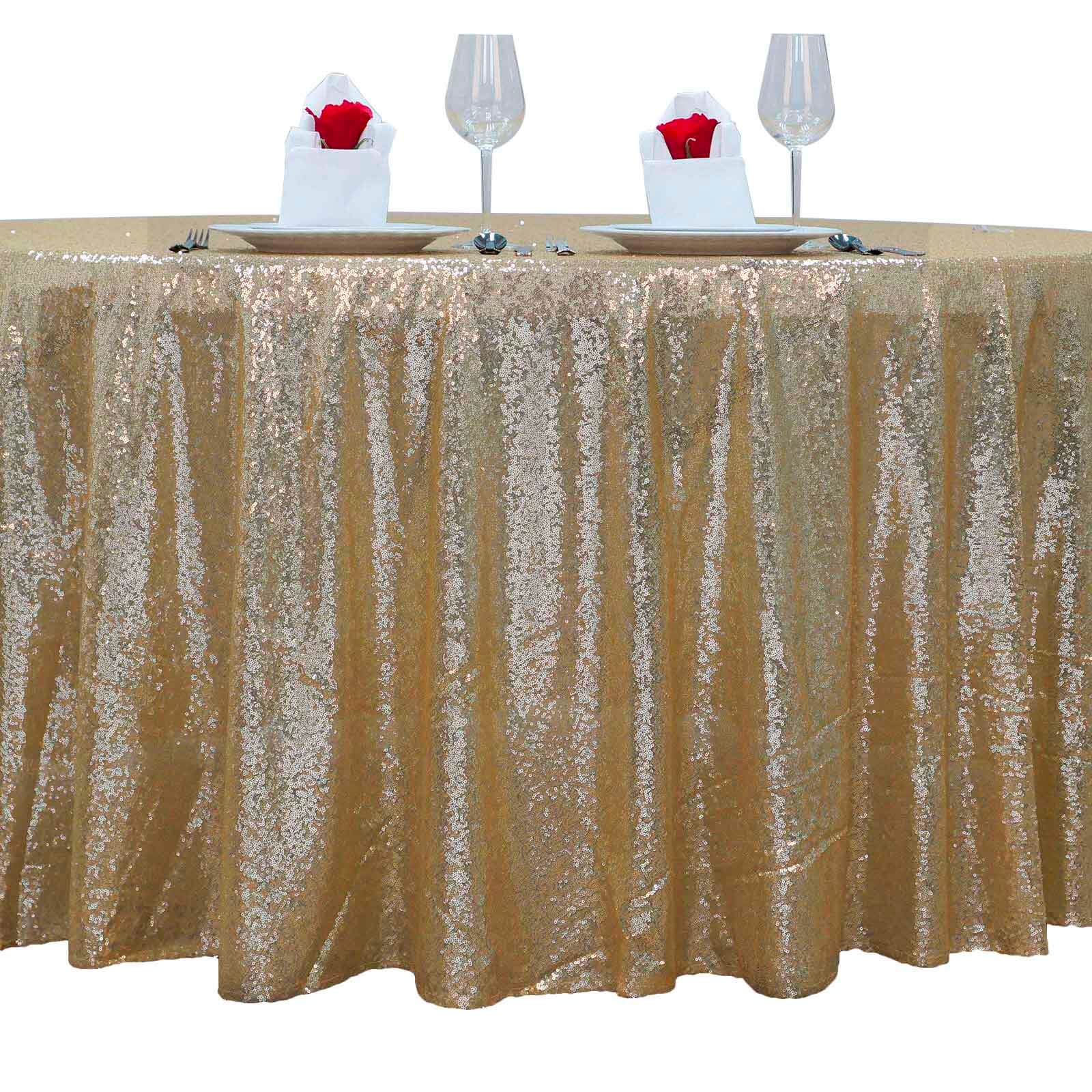 Sequin Round Tablecloth 132" Champagne with Seamless Twinkling Finish Table Cover - Image 8