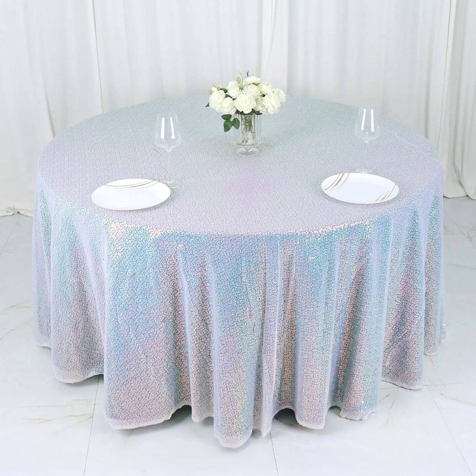 Sequin Round Tablecloth 132" Iridescent Blue with Seamless Twinkling Finish Table Cover - Image 7