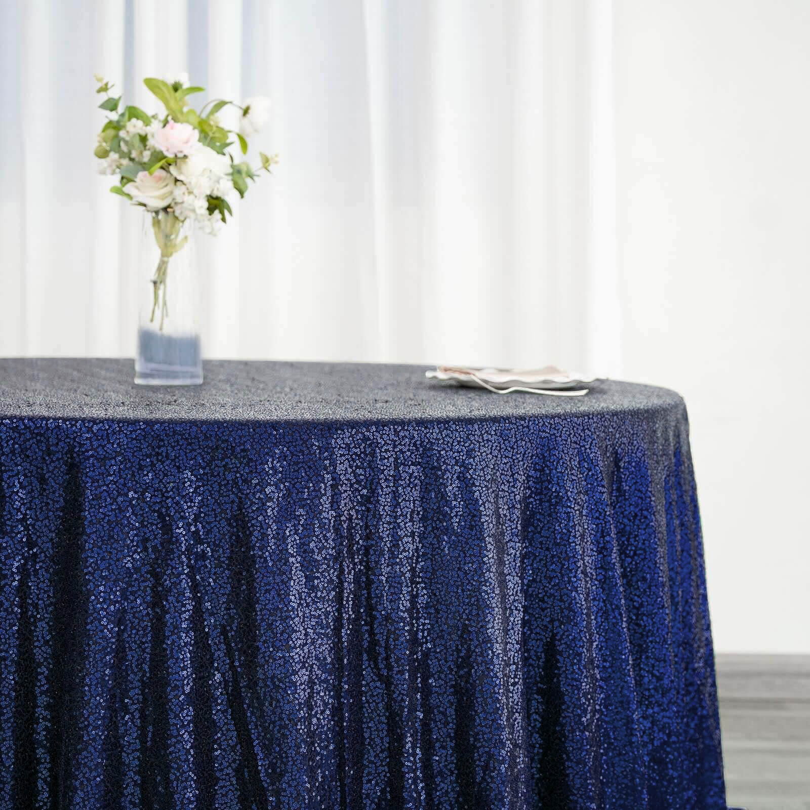 Sequin Round Tablecloth 132" Navy Blue with Seamless Twinkling Finish Table Cover - Image 6