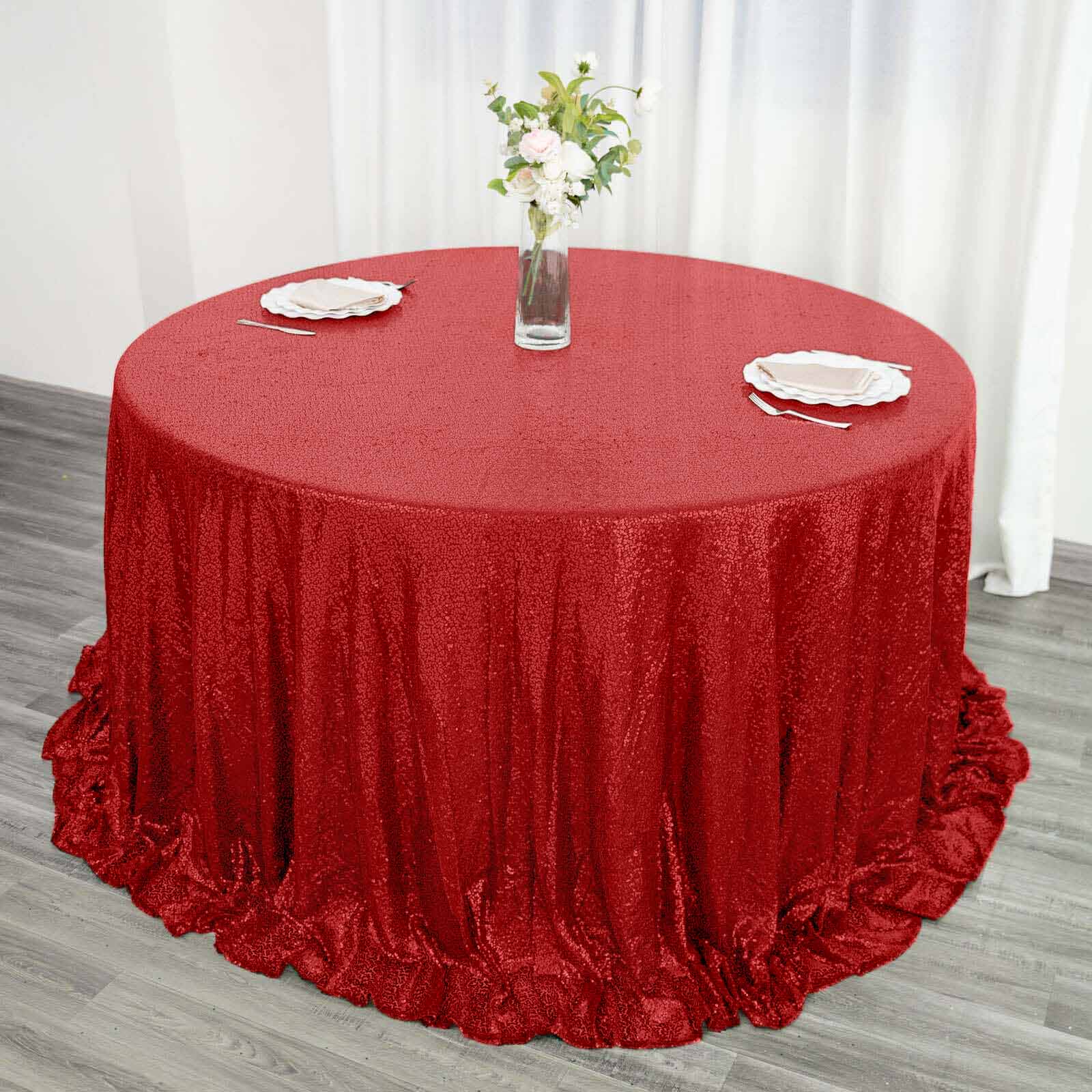 Sequin Round Tablecloth 132" Red with Seamless Twinkling Finish Table Cover - Image 2