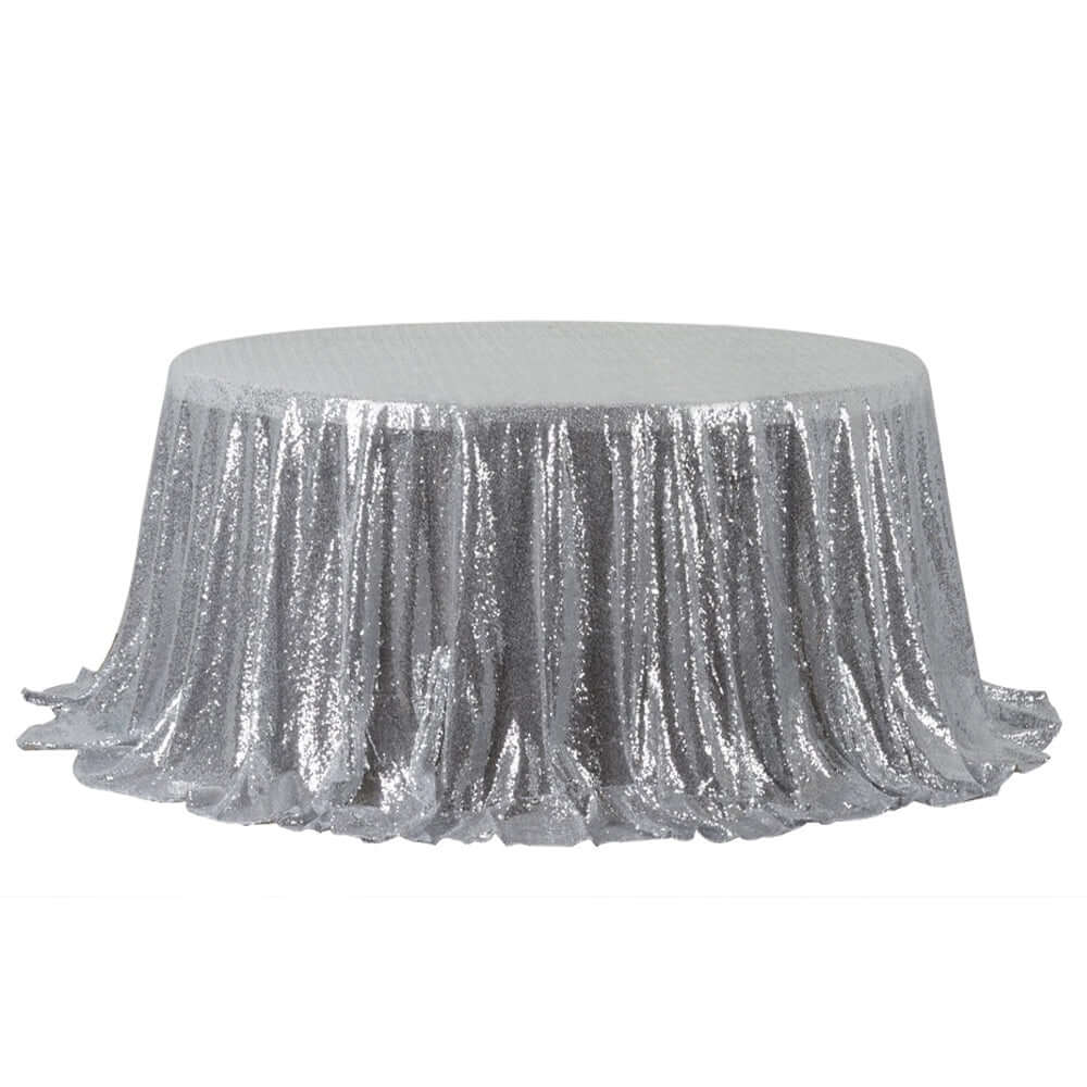 Sequin Round Tablecloth 132" Silver with Seamless Twinkling Finish Table Cover - Image 6