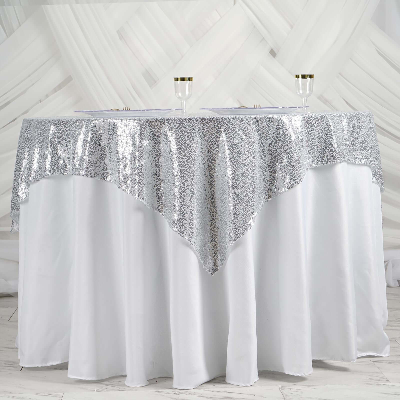 Sequin Square Table Overlay 60"x60" Silver - Glittering Table Topper - Image 2