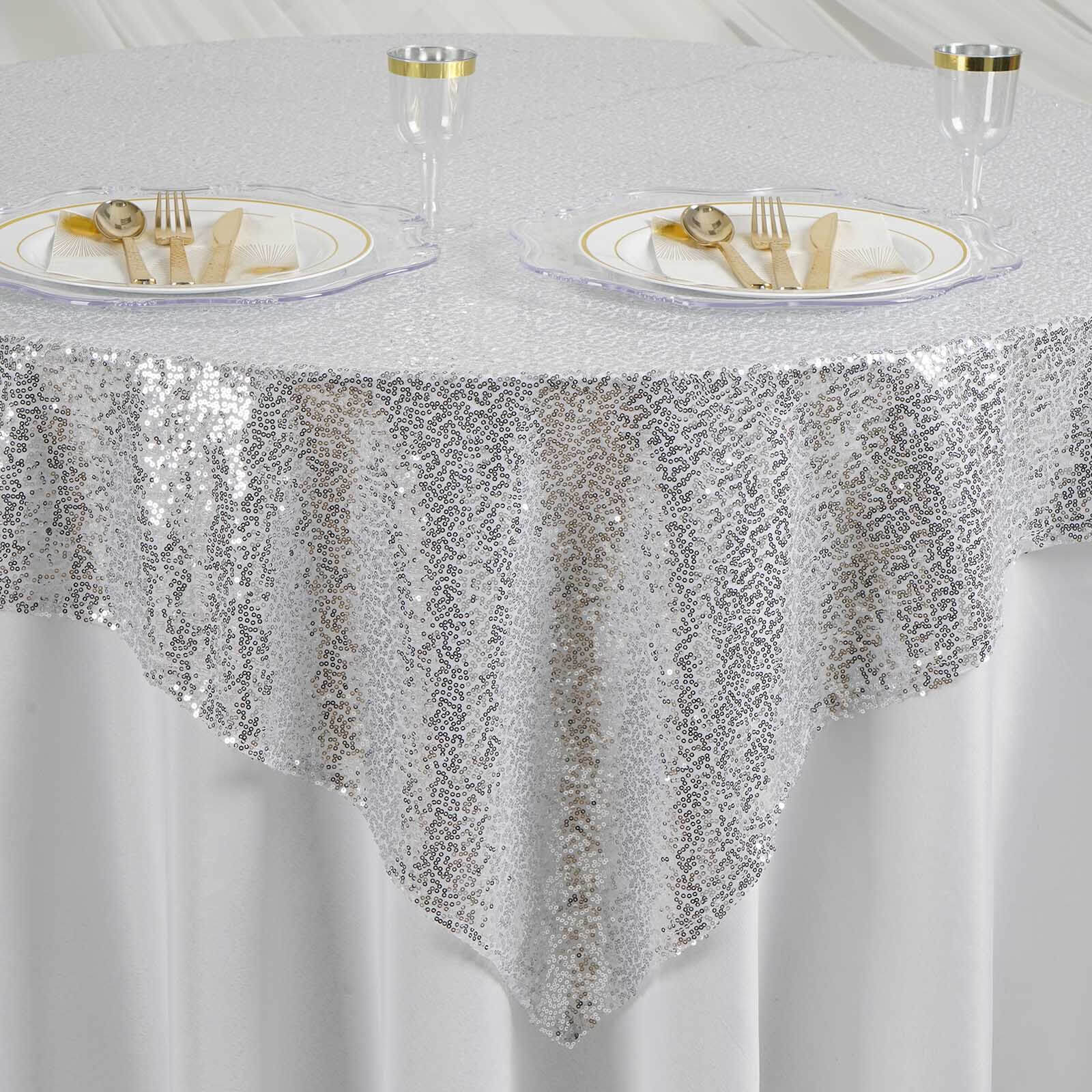 Sequin Square Table Overlay 60"x60" Silver - Glittering Table Topper - Image 5
