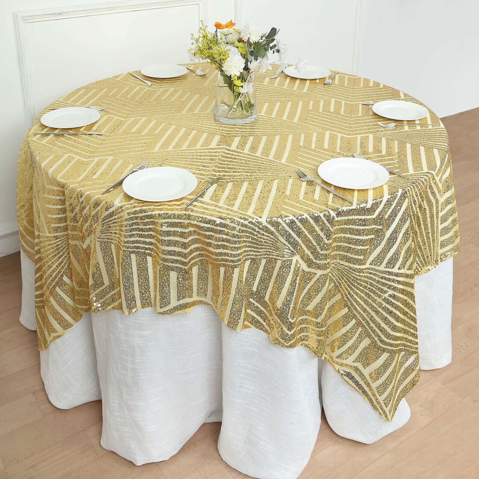 Sequin Square Table Overlay 72" Gold Diamond Glitz Design - Perfect for Luxe Events - Image 3