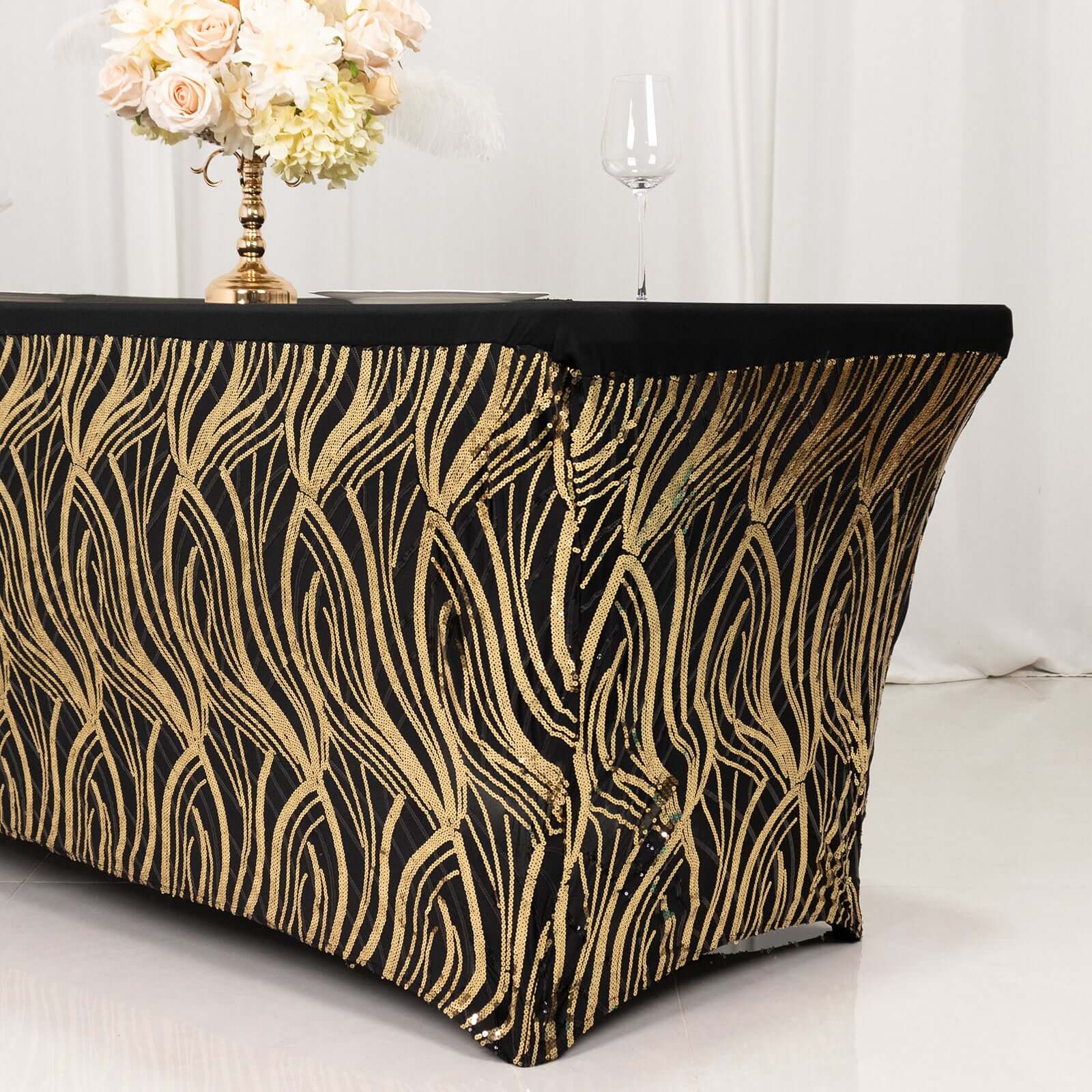 Sequin Stretch Spandex Rectangle Tablecloth 72"x30" Black Gold Wave Embroidered Design - Four-Way Stretch Shimmering Table Cover for Upscale Gatherings - Image 8