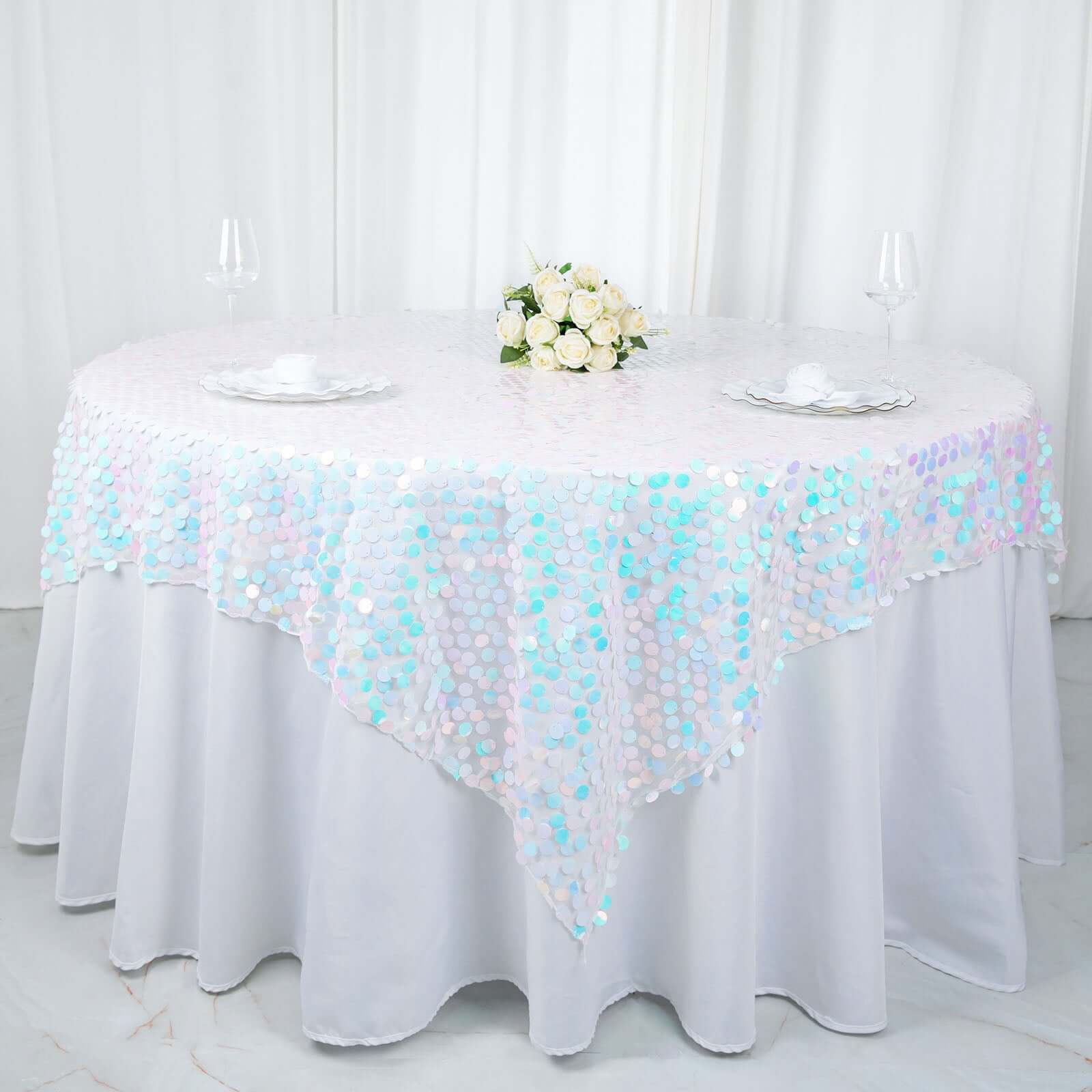 Sequin Table Overlay 72"x72" Iridescent Blue - Big Payette Table Topper - Image 5