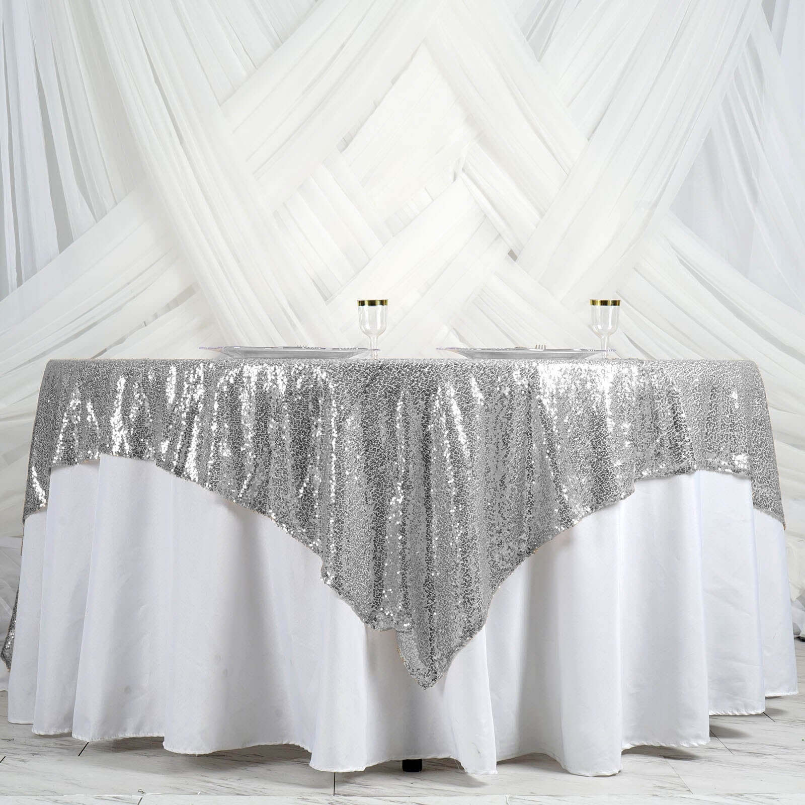 Sequin Table Overlay 90"x90" Silver - Sparkly Table Topper - Image 2