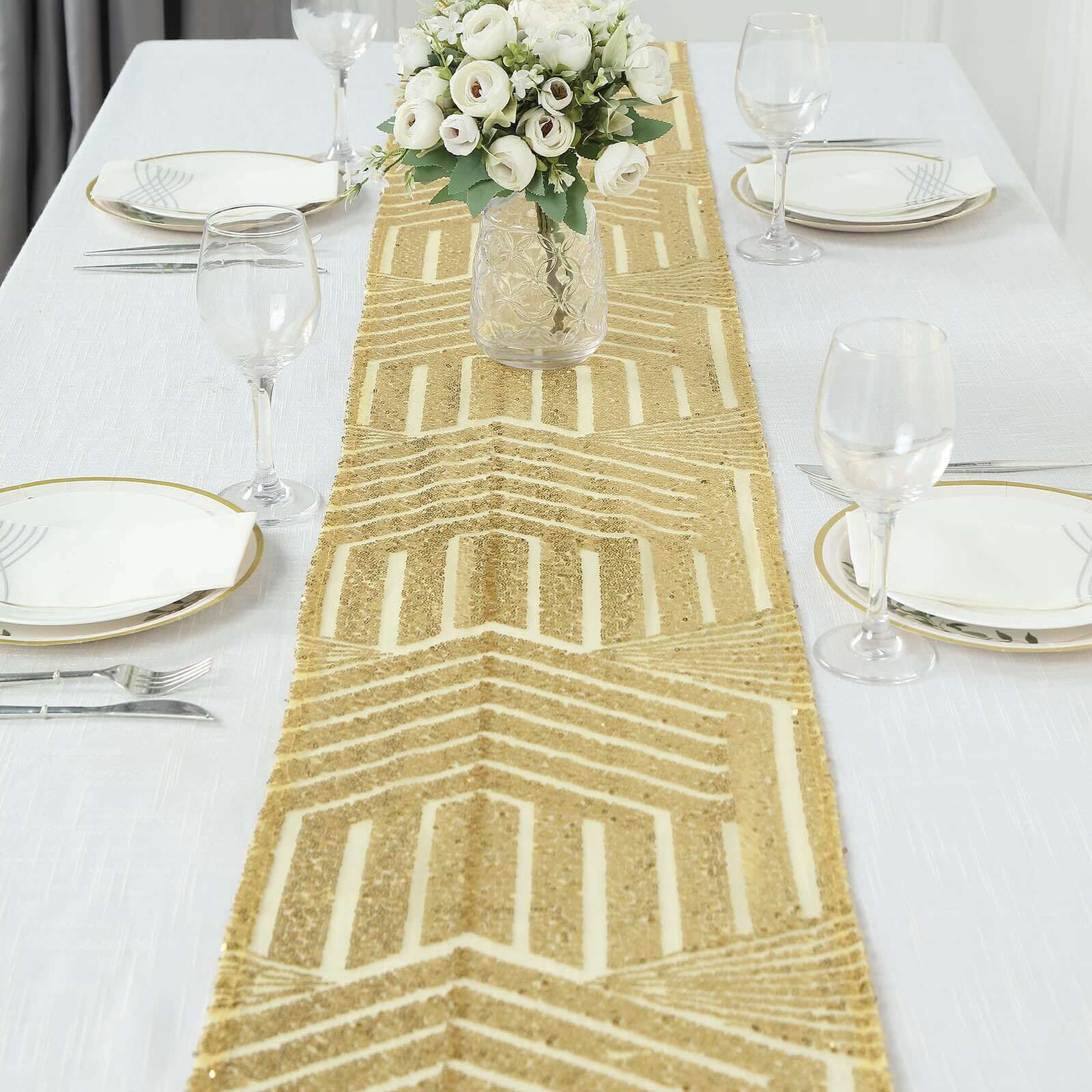 Sequin Table Runner 12"x108" Gold - Diamond Glitz Design Perfect for Glamorous Events - Image 2