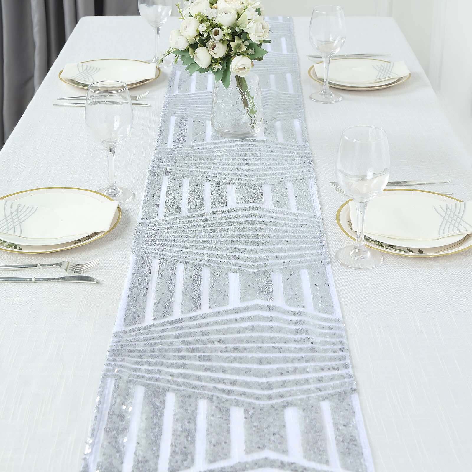 Sequin Table Runner 12"x108" Silver with Diamond Glitz Design - Perfect for Glamorous Events - Image 2
