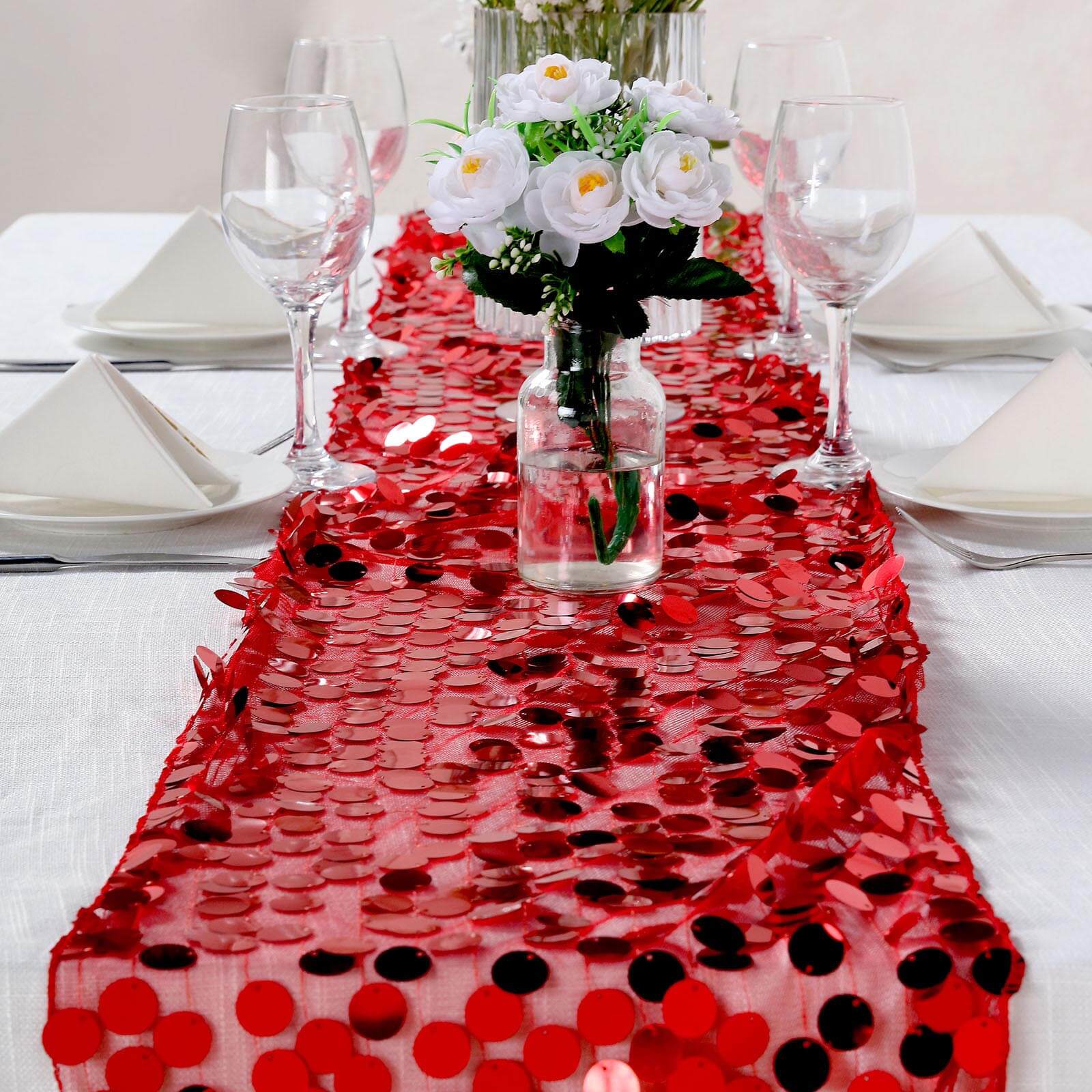 Sequin Table Runner 13"x108" Red - Big Payette Table Decor - Image 2