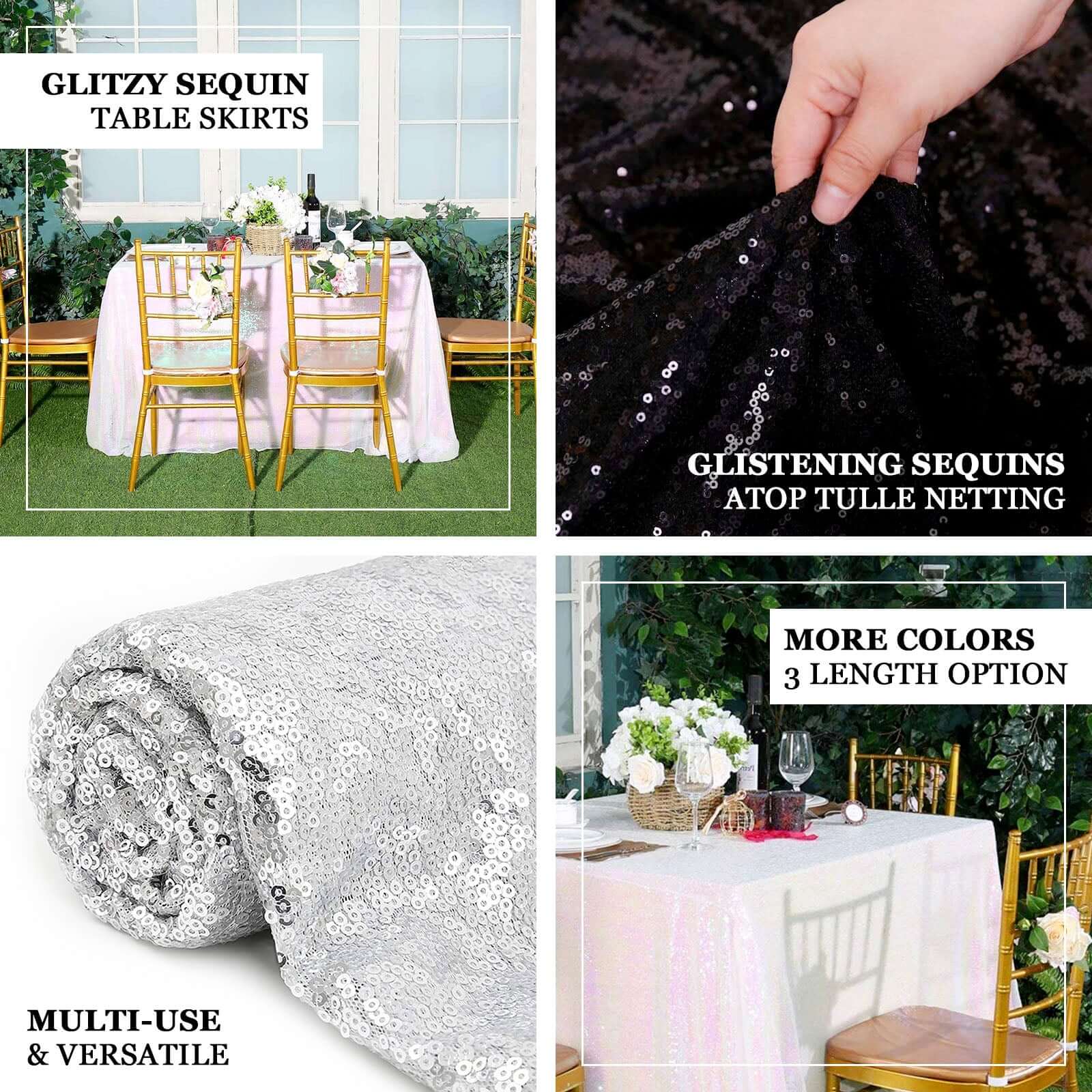 Sequin Table Skirt 14ft White Iridescent with Glitzy Design - Perfect for Glamorous Occasions - Image 4