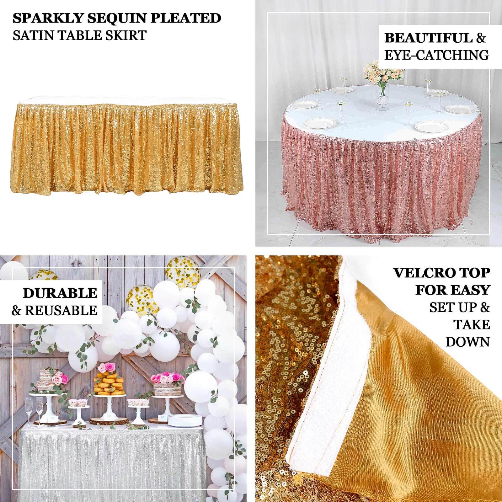 Sequin Table Skirt 17ft Silver - Pleated Satin With Top Velcro Strip Sparkly Table Cover - Image 3
