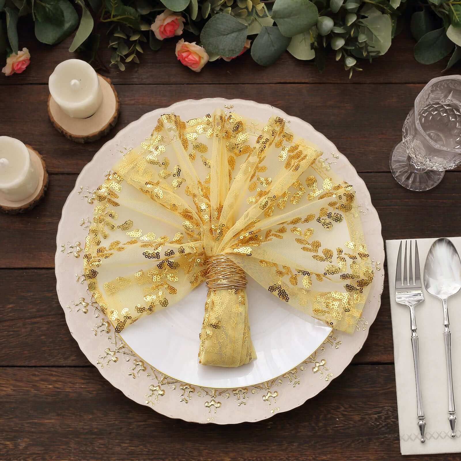 Sequin Tulle Napkin 20"x20" Gold - Embroidered Leaf Vine Pattern, Sparkly Decorative Table Accent - Image 2