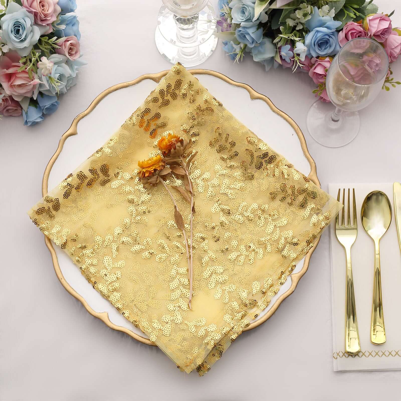 Sequin Tulle Napkin 20"x20" Gold - Embroidered Leaf Vine Pattern, Sparkly Decorative Table Accent - Image 3