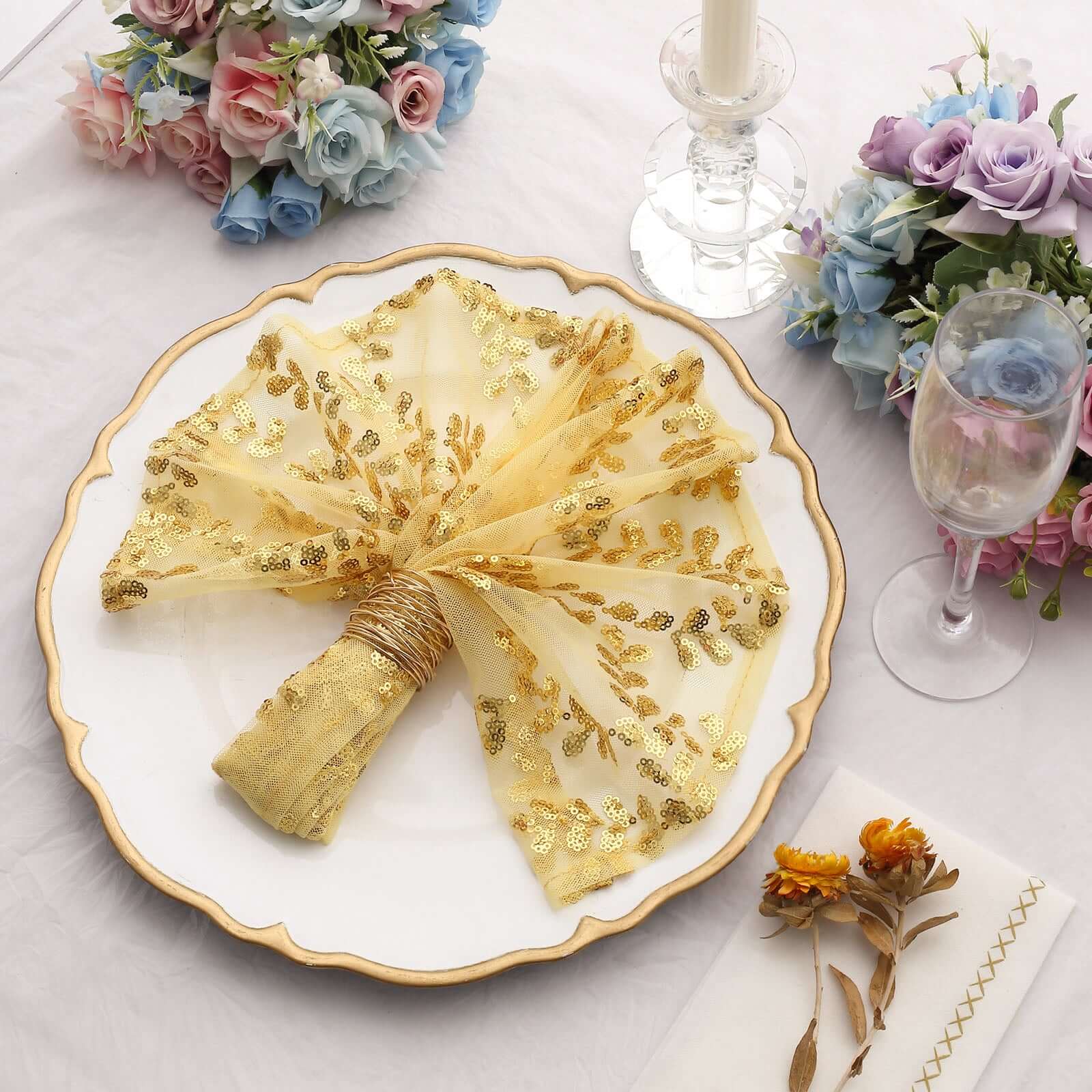 Sequin Tulle Napkin 20"x20" Gold - Embroidered Leaf Vine Pattern, Sparkly Decorative Table Accent - Image 5