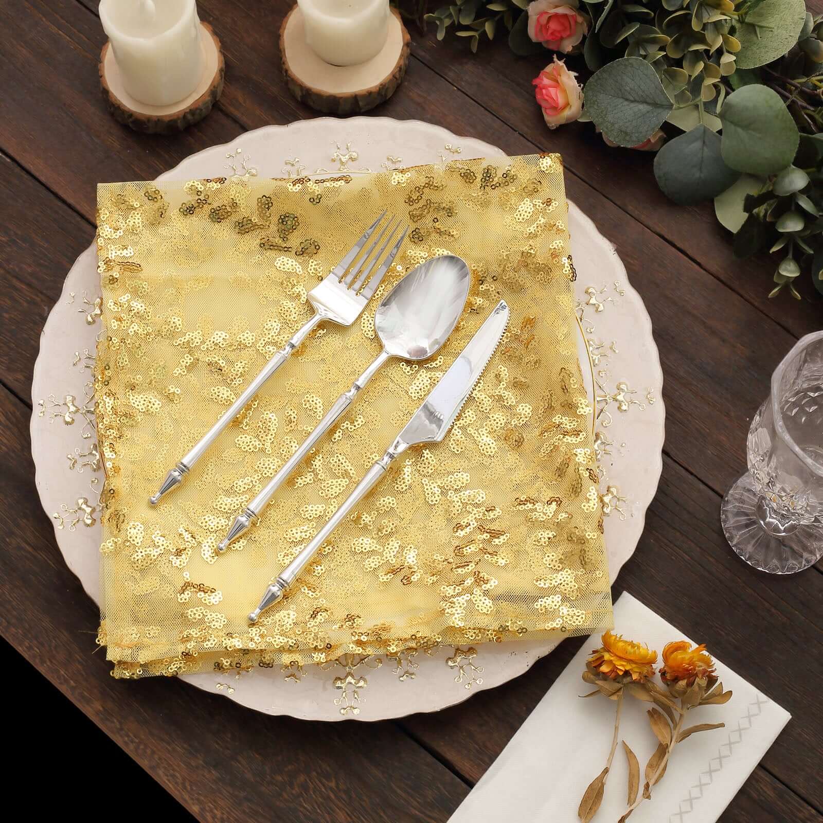 Sequin Tulle Napkin 20"x20" Gold - Embroidered Leaf Vine Pattern, Sparkly Decorative Table Accent - Image 6