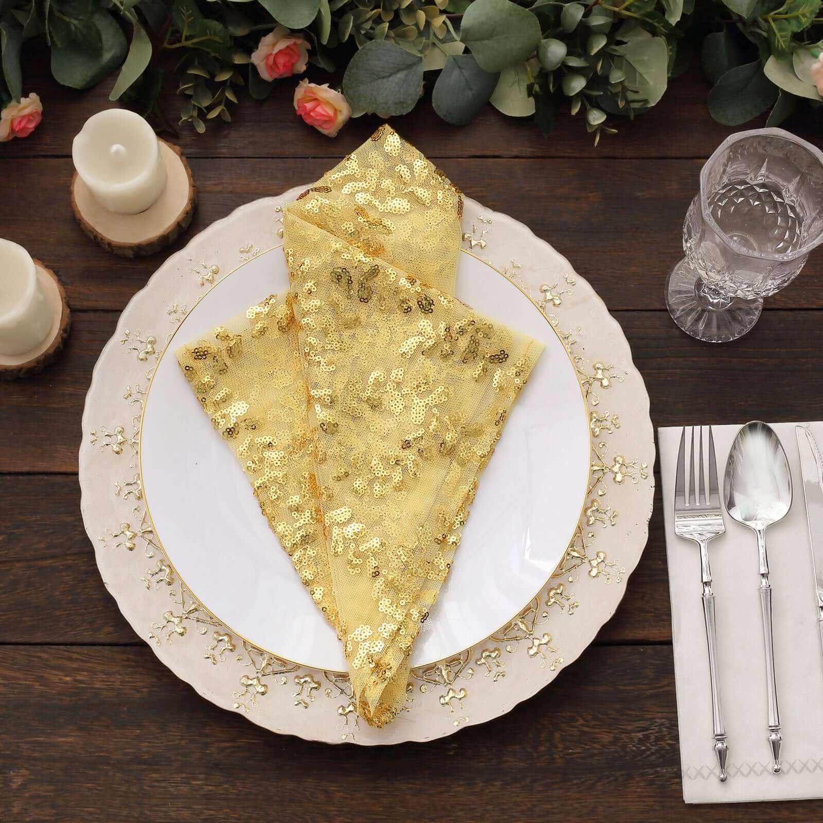 Sequin Tulle Napkin 20"x20" Gold - Embroidered Leaf Vine Pattern, Sparkly Decorative Table Accent - Image 8