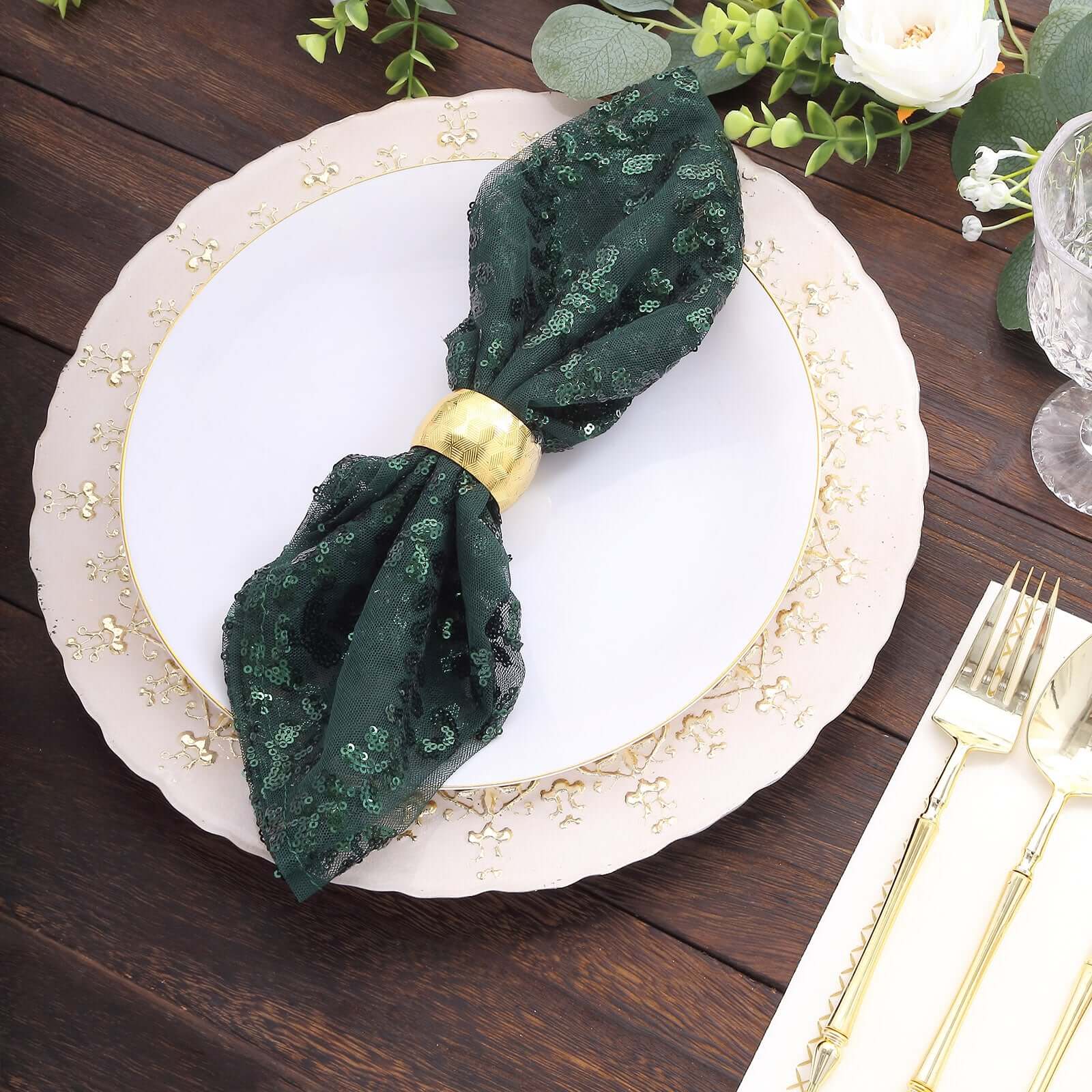 Sequin Tulle Napkin 20"x20" Hunter Emerald Green - Embroidered Leaf Vine Dinner Napkins - Image 2