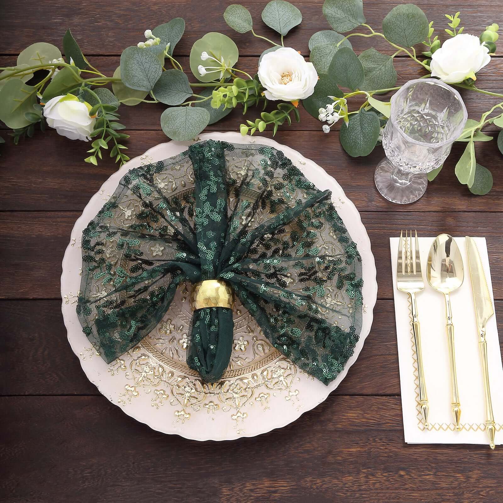 Sequin Tulle Napkin 20"x20" Hunter Emerald Green - Embroidered Leaf Vine Dinner Napkins - Image 4