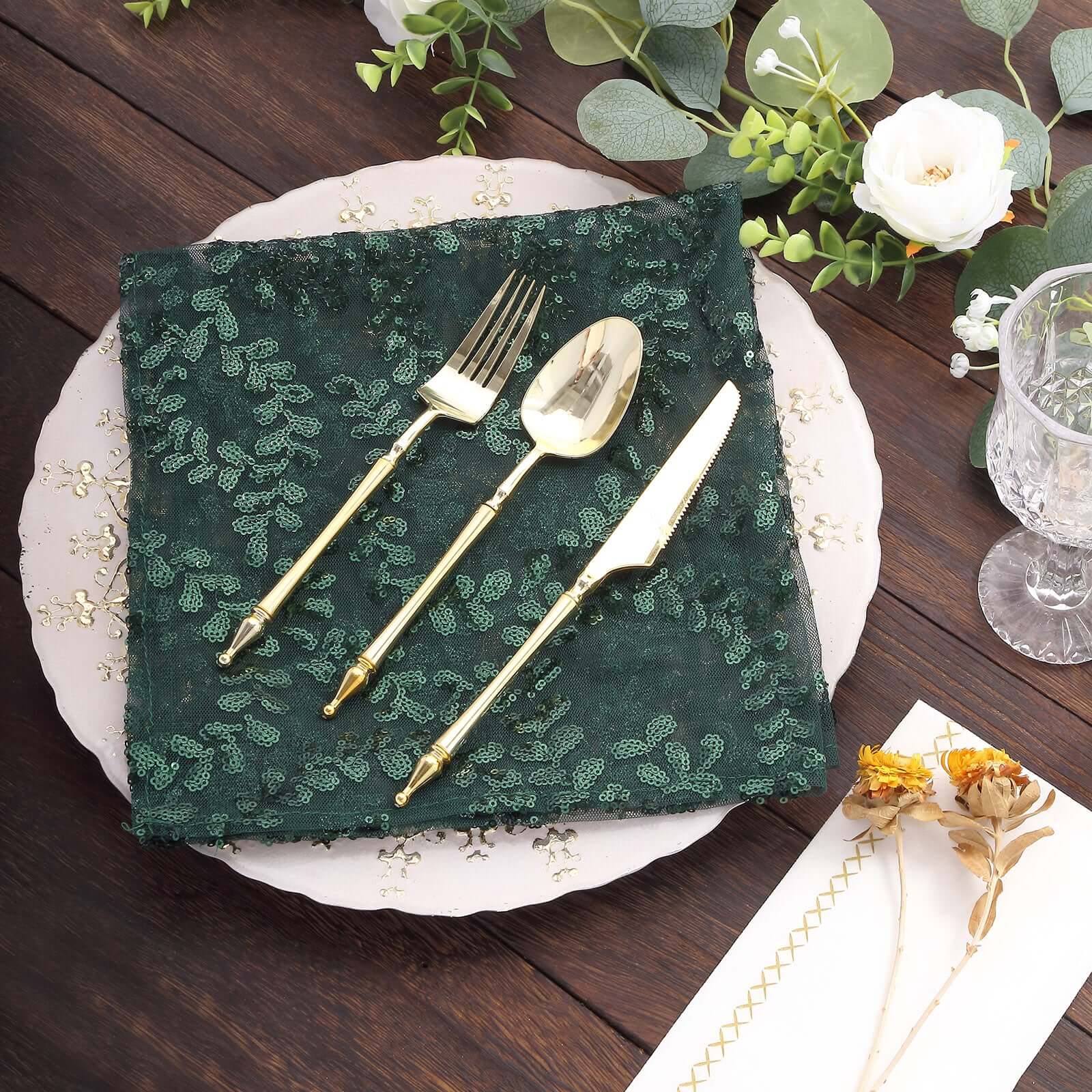 Sequin Tulle Napkin 20"x20" Hunter Emerald Green - Embroidered Leaf Vine Dinner Napkins - Image 6